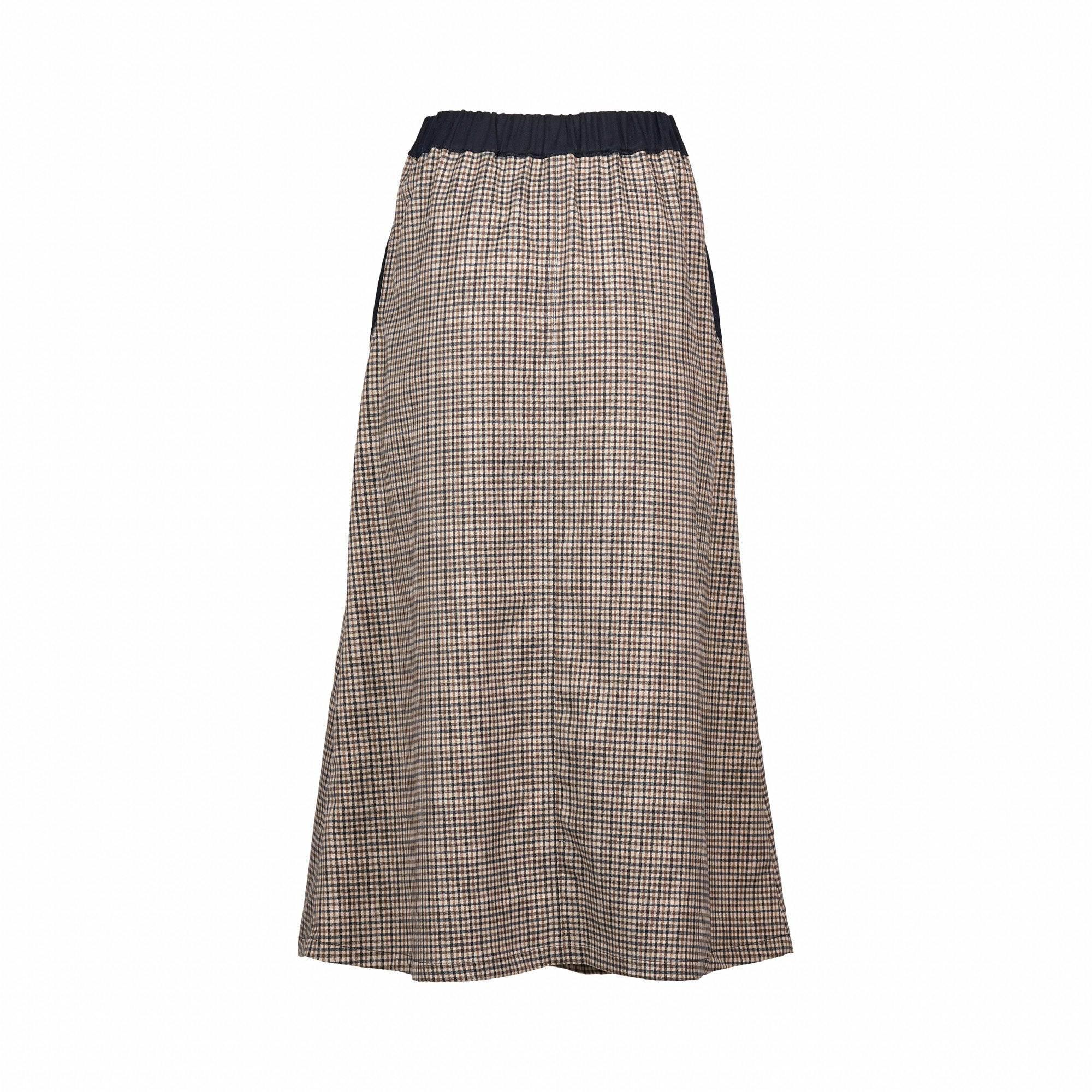 Back view of a midi-length check skirt with black elastic waistband on white background.