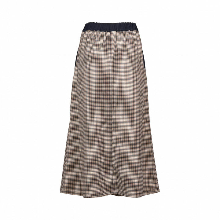 Back view of a midi-length check skirt with black elastic waistband on white background.