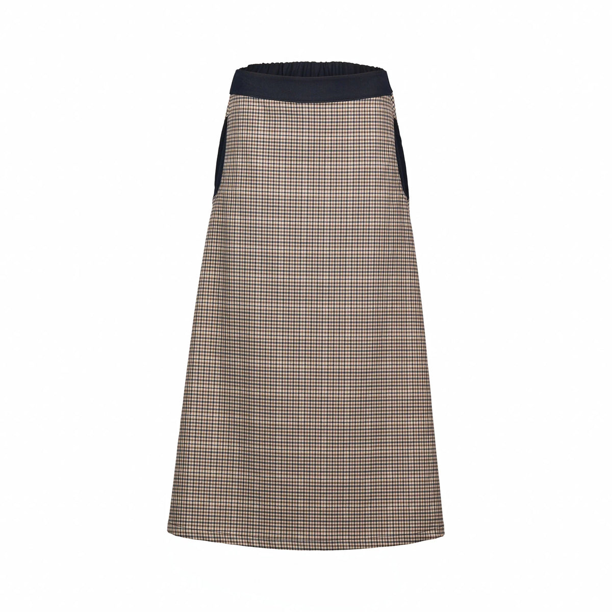 A-line midi skirt with brown and black check pattern, black waistband and side panels.