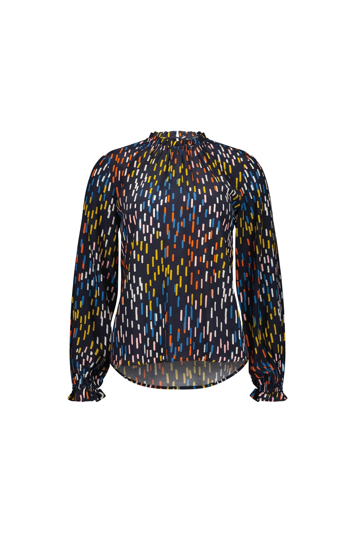 Long sleeve blouse with high neckline, colorful dash print on navy background, gathered cuffs