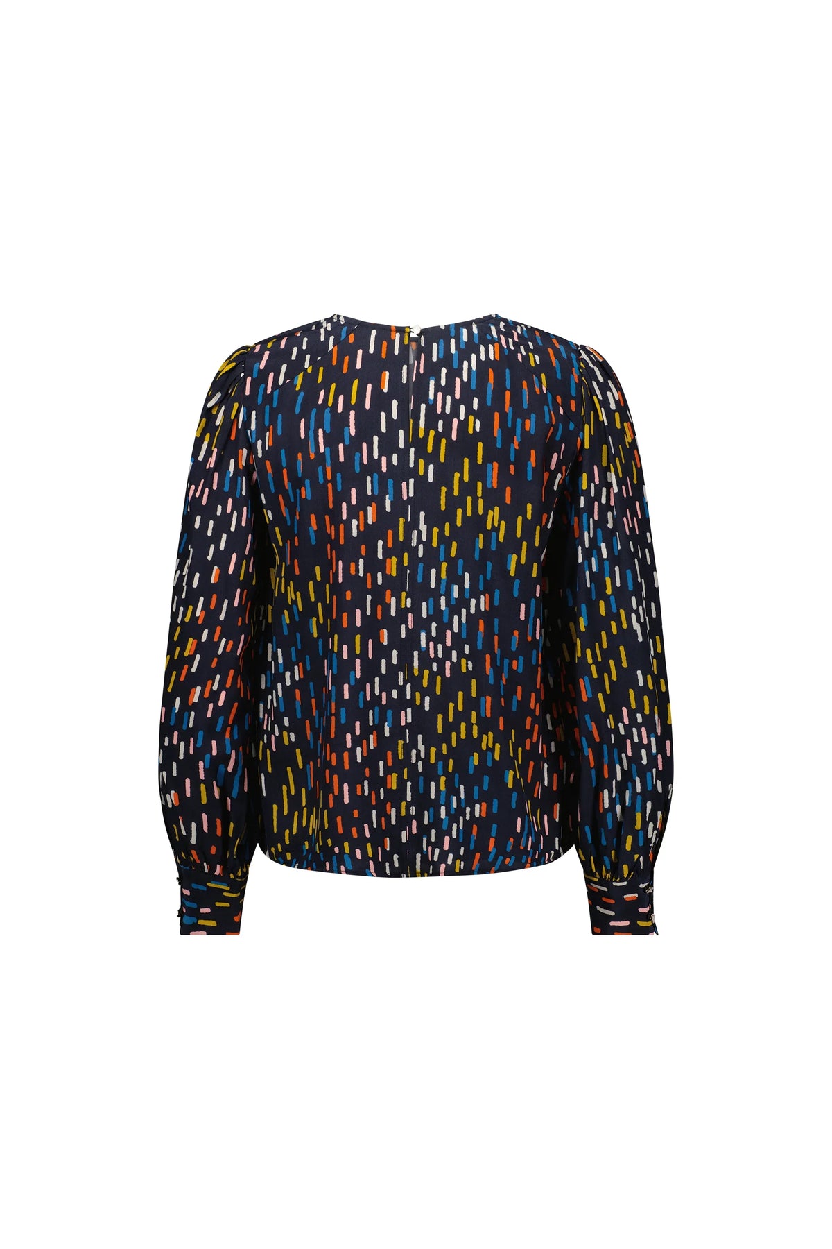 Back view of long sleeve blouse with colorful dash print on dark fabric