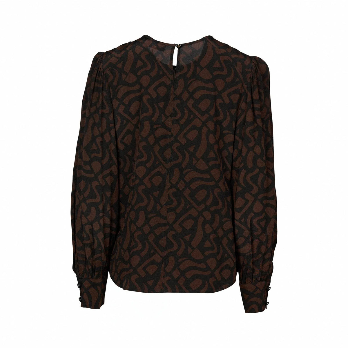 Back view of long sleeve mocha blouse with black abstract pattern and buttoned cuffs