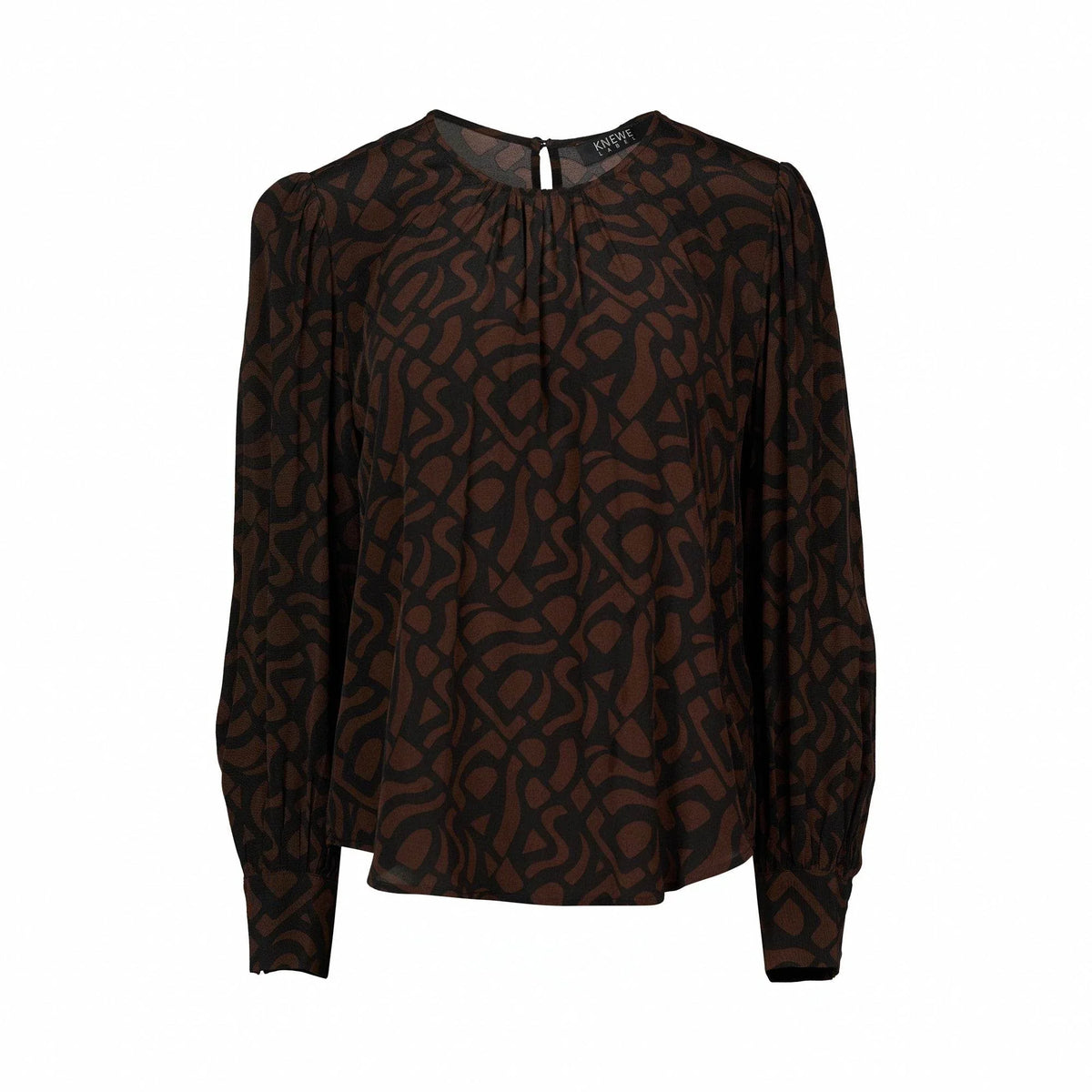 Long sleeve mocha top with abstract black pattern and round neck, front view