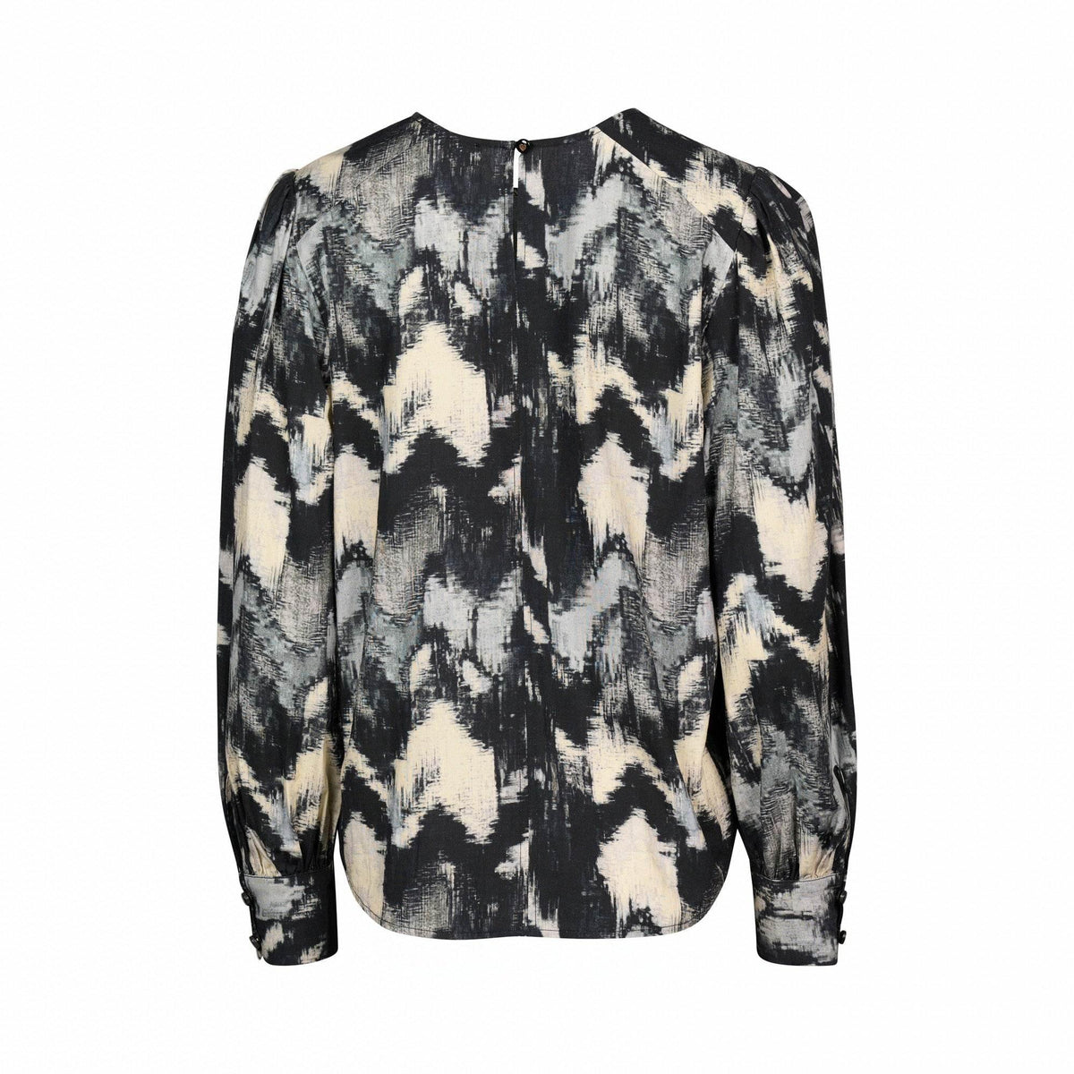 Back view of long sleeve blouse with abstract black, grey, and cream brushstroke print