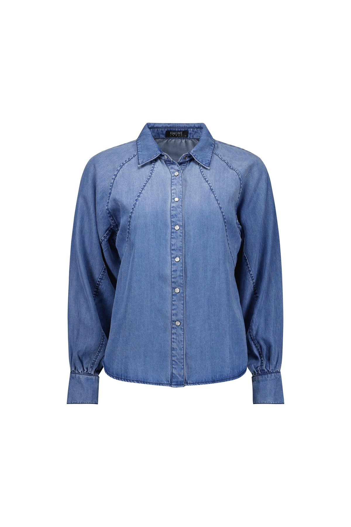 Women’s blue denim button-up shirt with long sleeves and tailored stitching detail