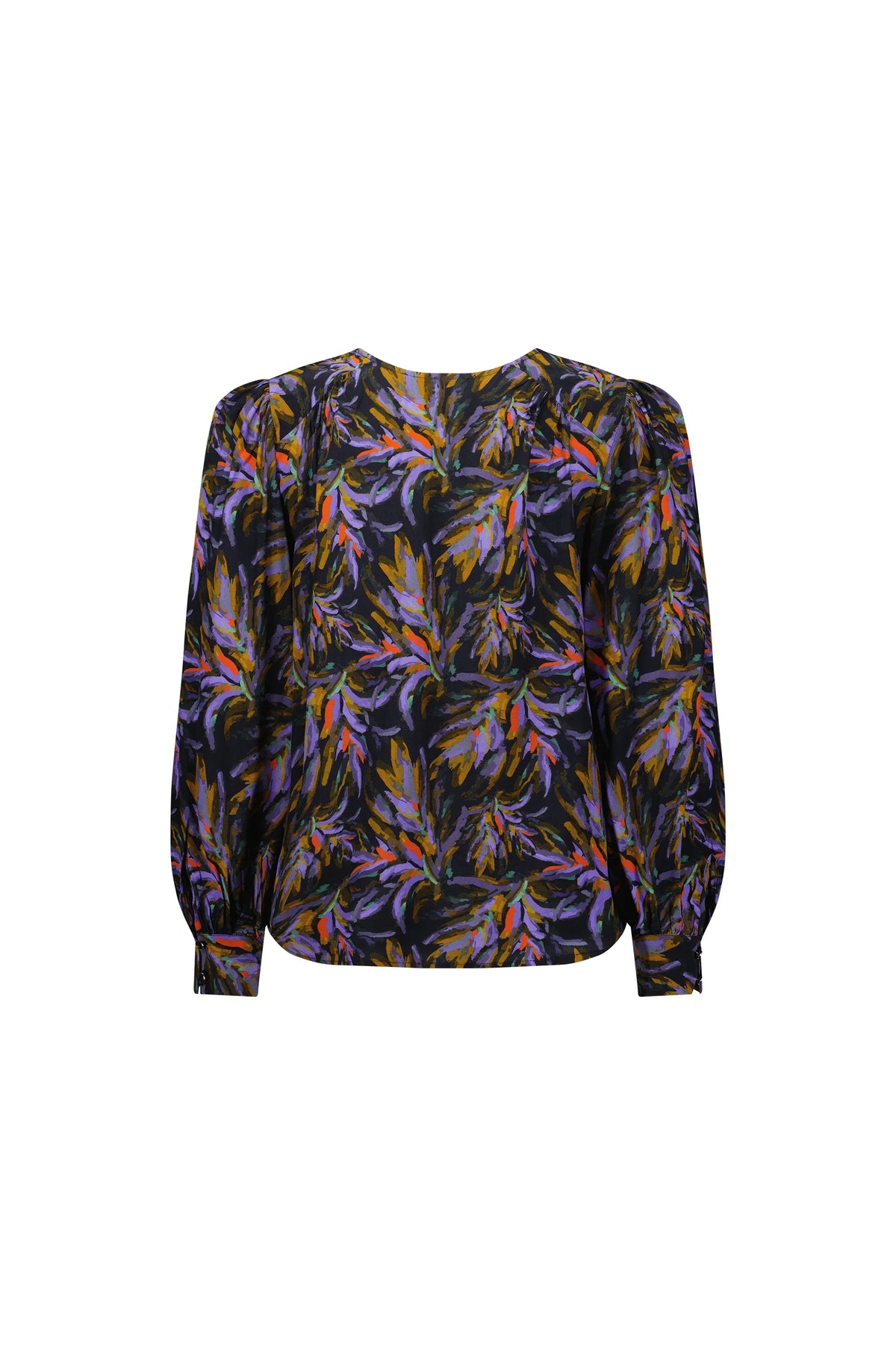 Back view of long sleeve blouse with bold floral print, purple, orange, and green pattern