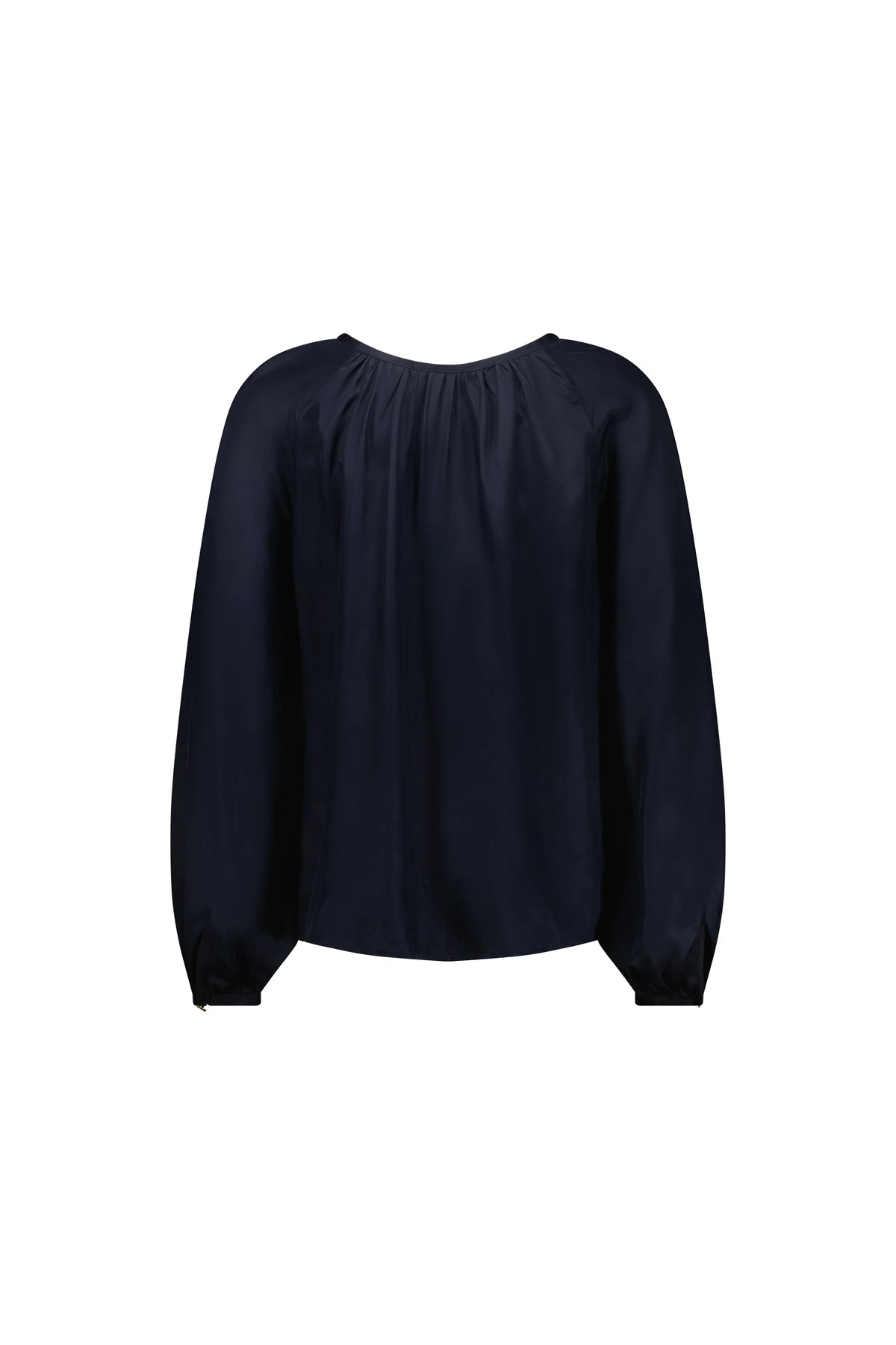 Back view of long sleeve navy blouse with gathered neckline and relaxed fit