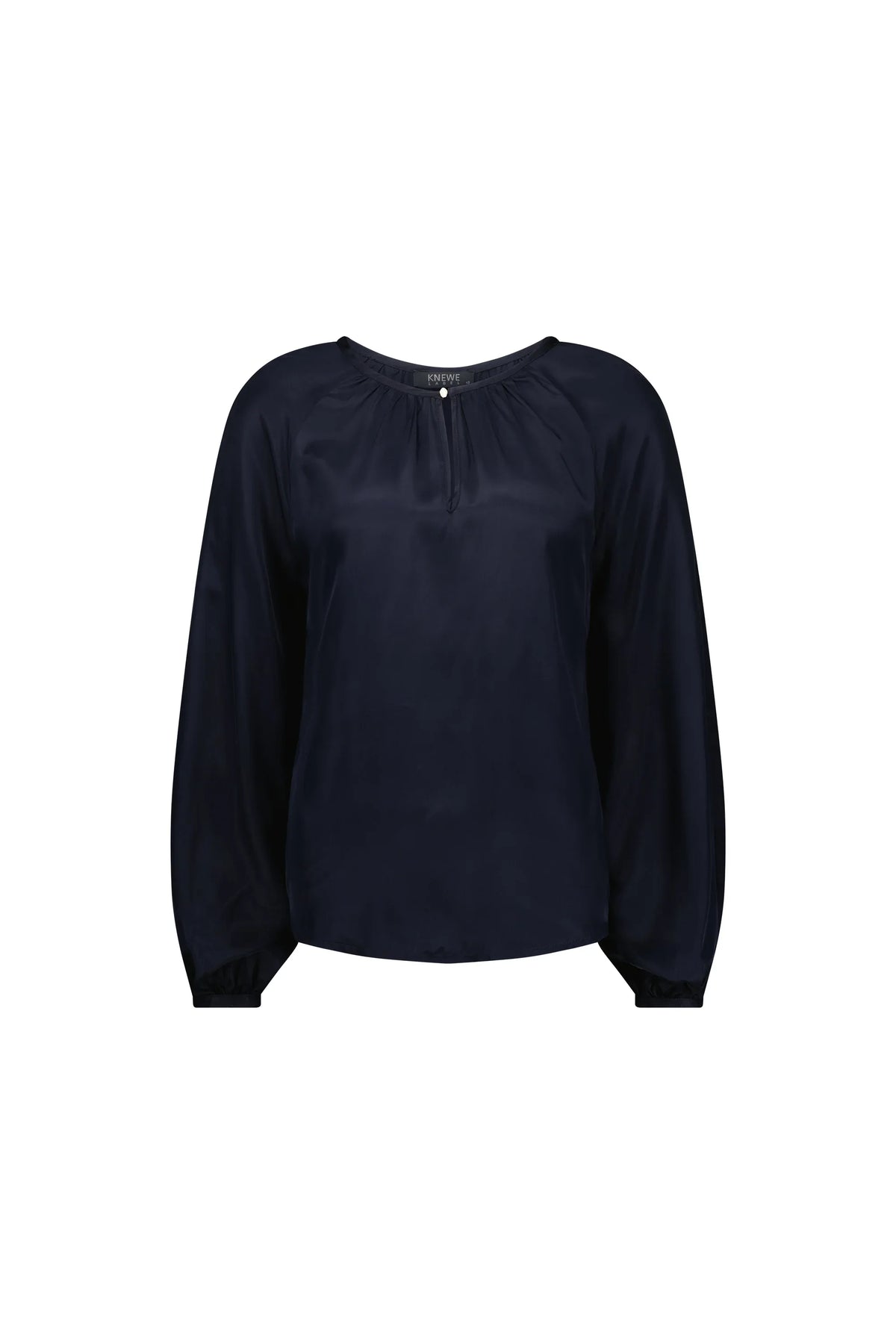 Navy long sleeve blouse with gathered neckline and relaxed fit, women's contemporary top