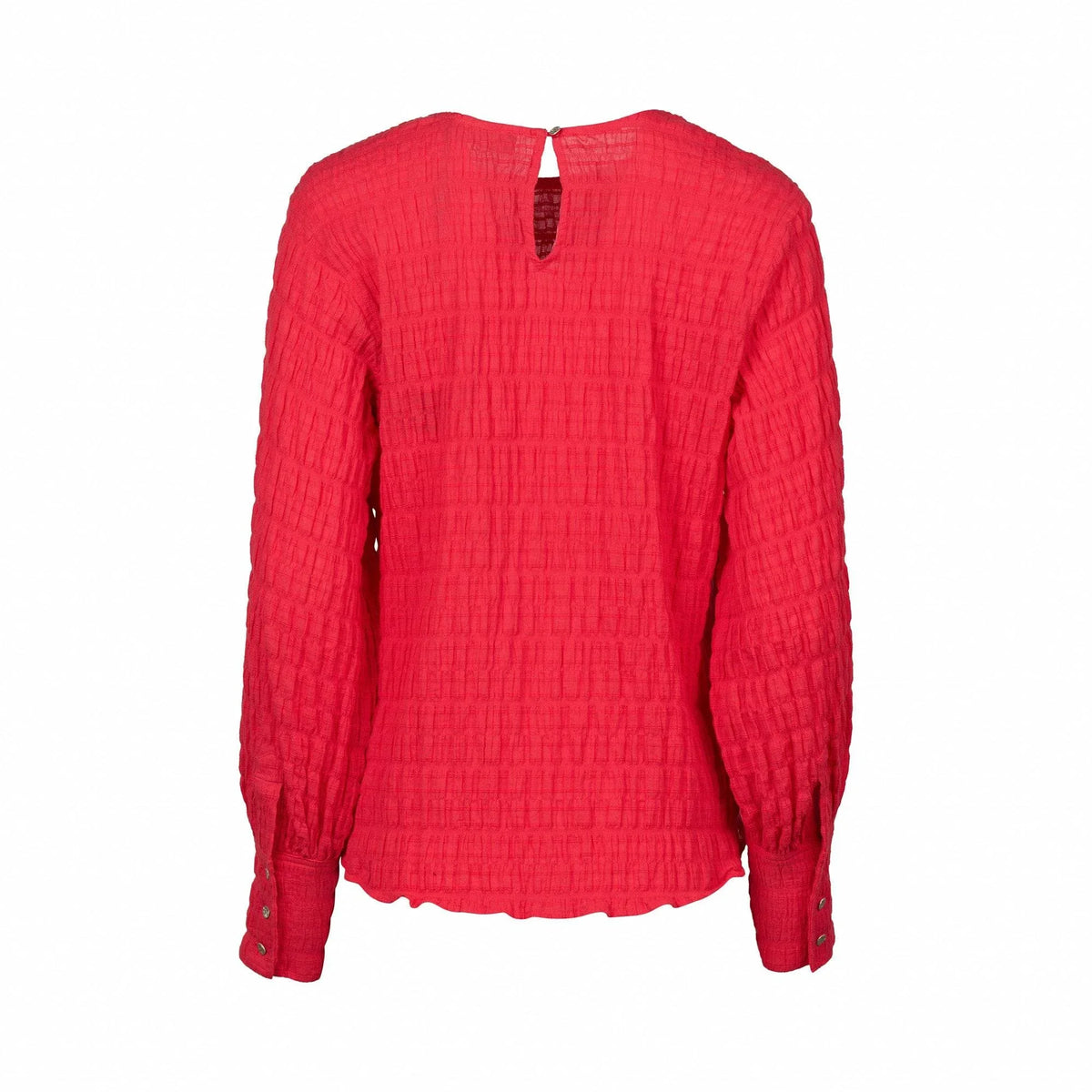 Back view of a textured long sleeve red blouse with buttoned cuffs and keyhole neckline