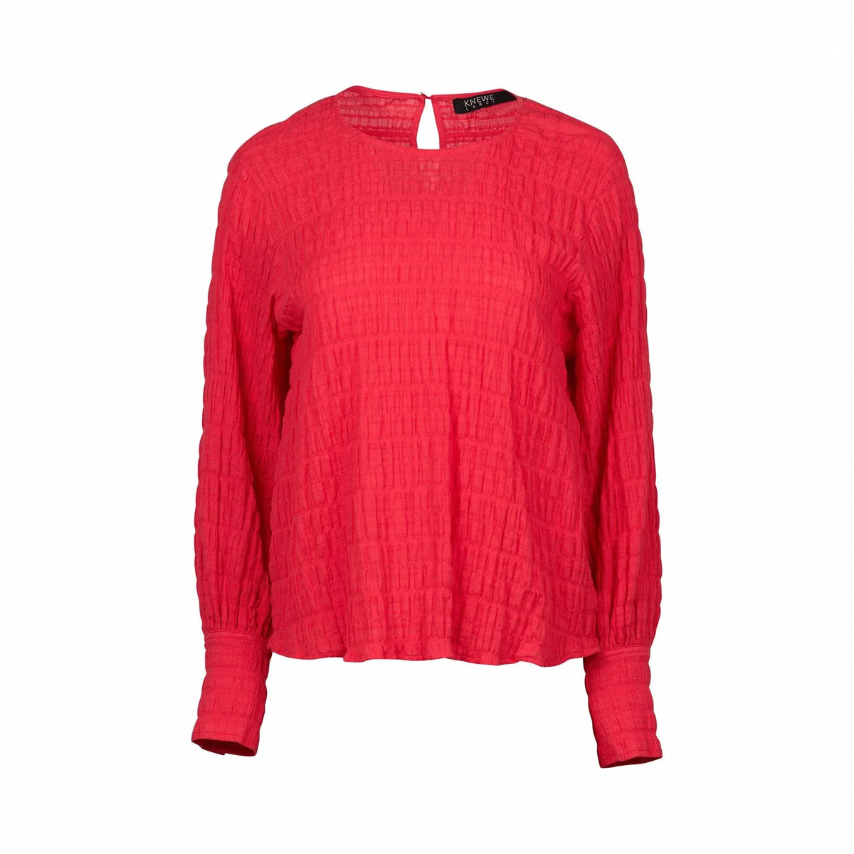 Textured red long sleeve blouse with round neckline and relaxed fit, front view