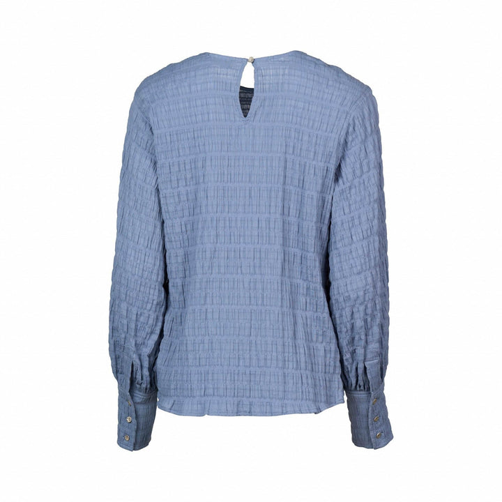 KNEWE Label women's K5075 Volume Top Denim in Blue - close-up fabric detail