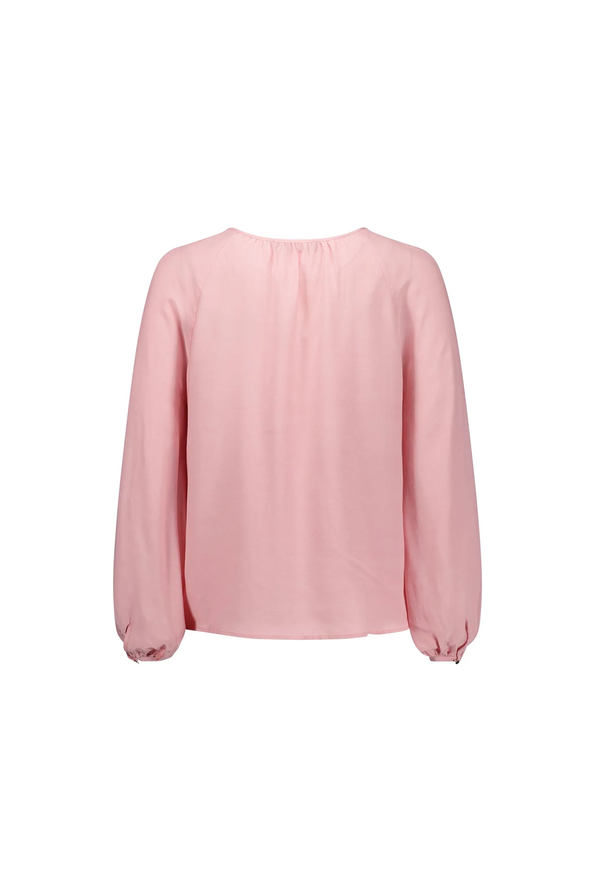 Back view of a long sleeve pink blouse with gathered neckline and relaxed fit.