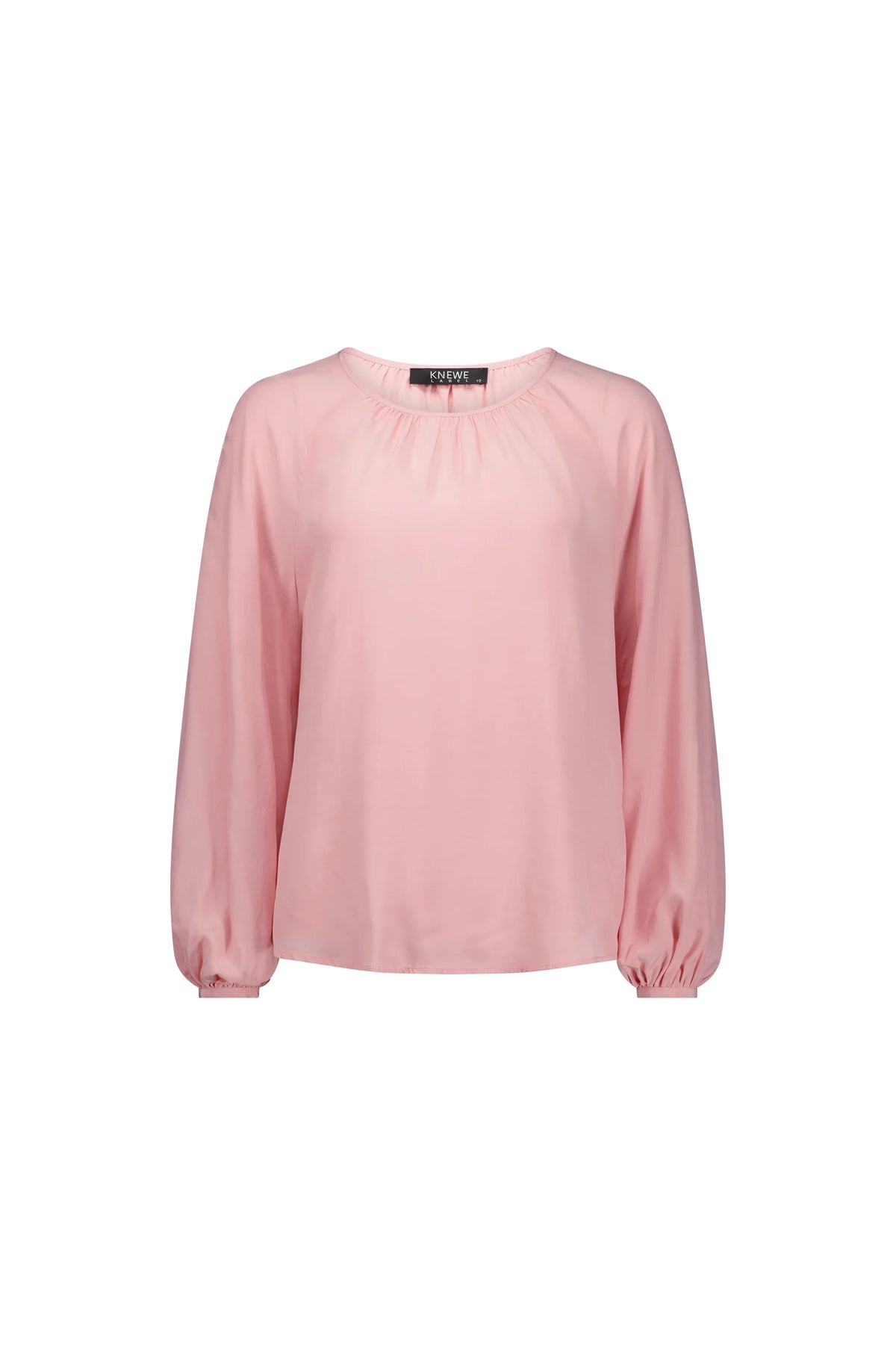 Light pink long sleeve blouse with gathered neckline and relaxed fit, front view