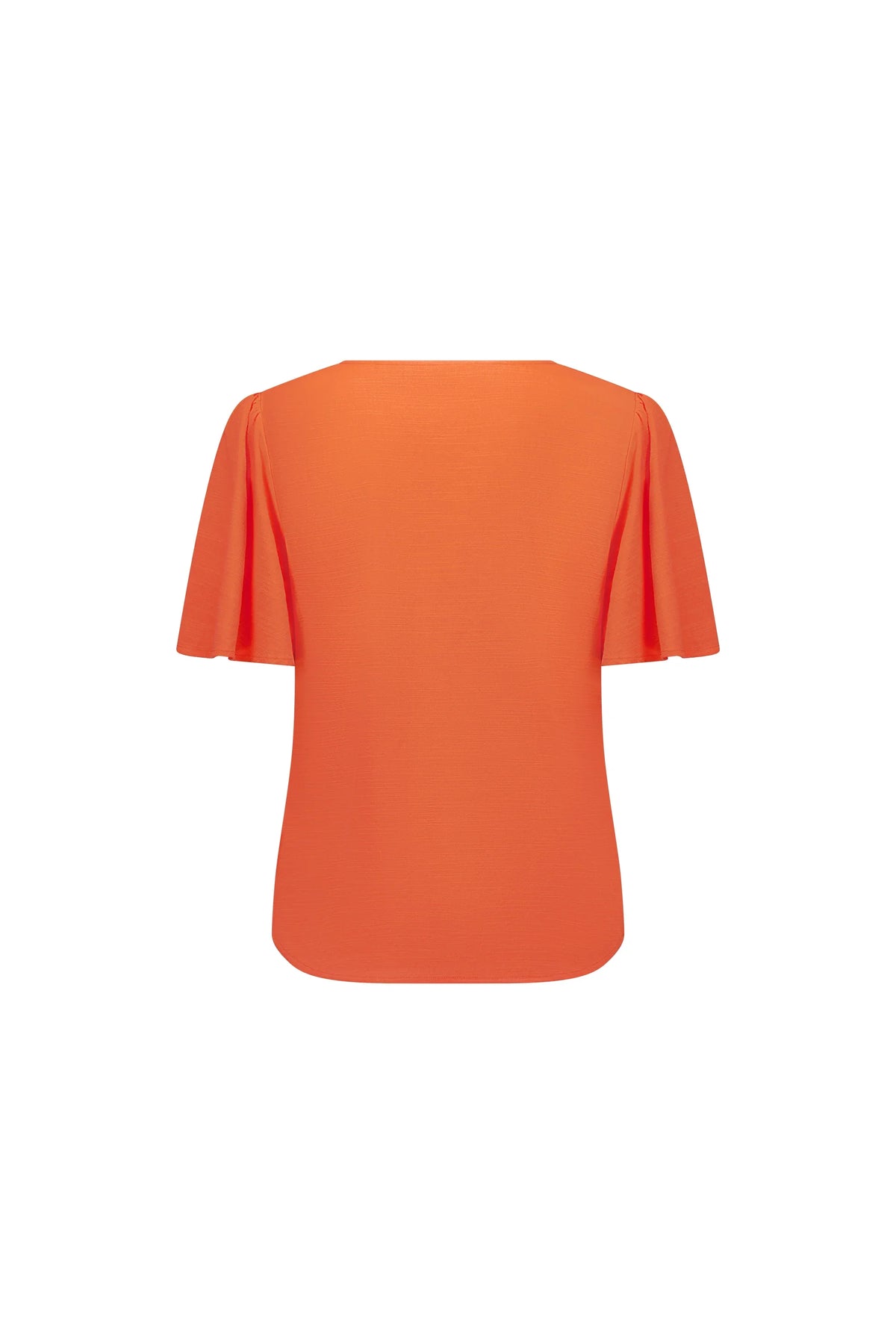 Back view of orange short-sleeve top with flutter sleeves on white background