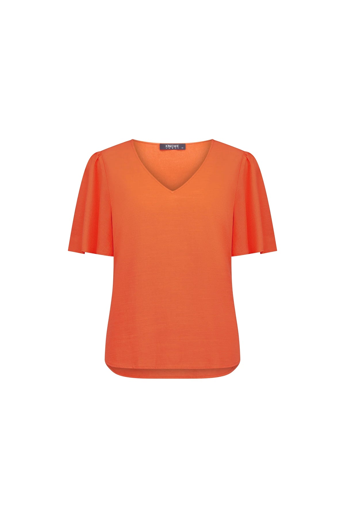 Women’s melon orange short sleeve top with V-neck and relaxed fit, contemporary fashion