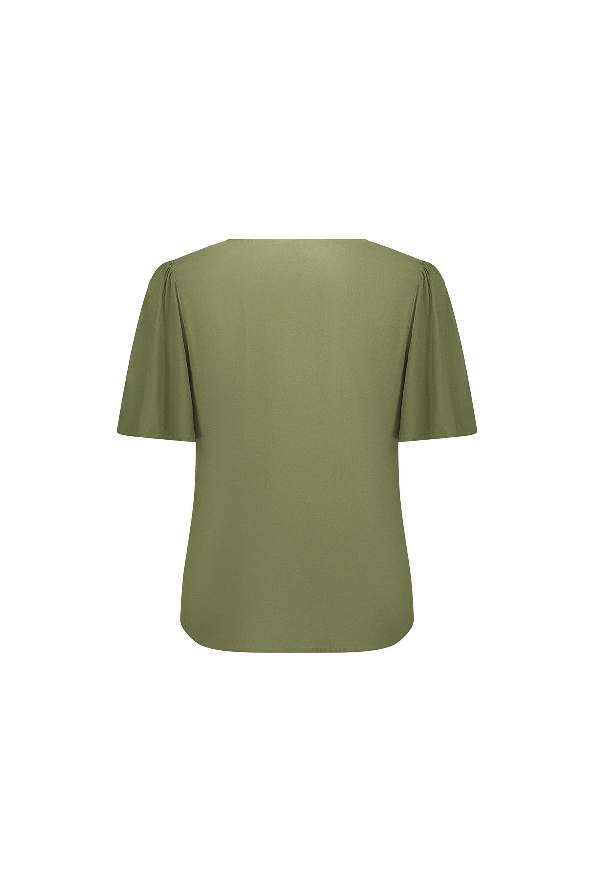 Back view of olive green top with short flutter sleeves, contemporary women’s fashion