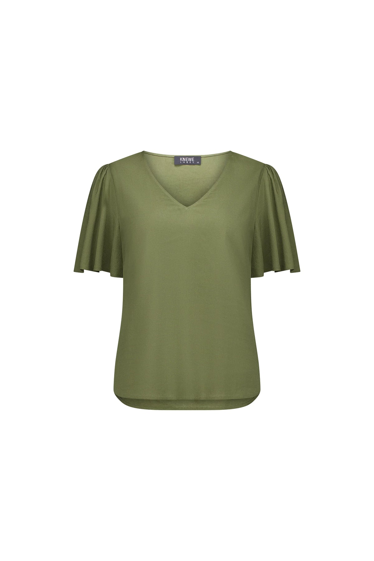 Olive green short sleeve blouse with flutter sleeves and V-neck, displayed on white background