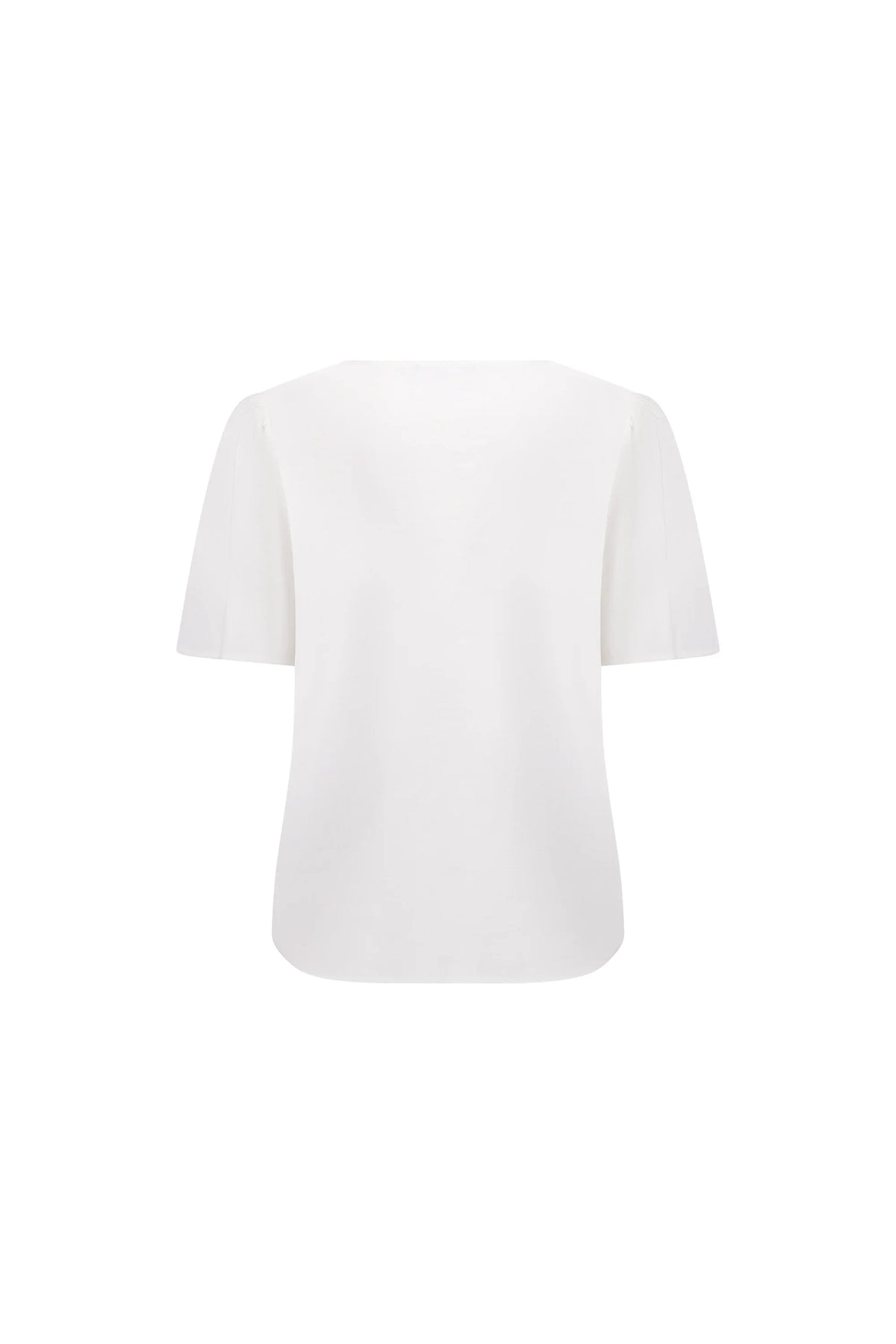 Back view of a plain white short sleeve women's top on a white background