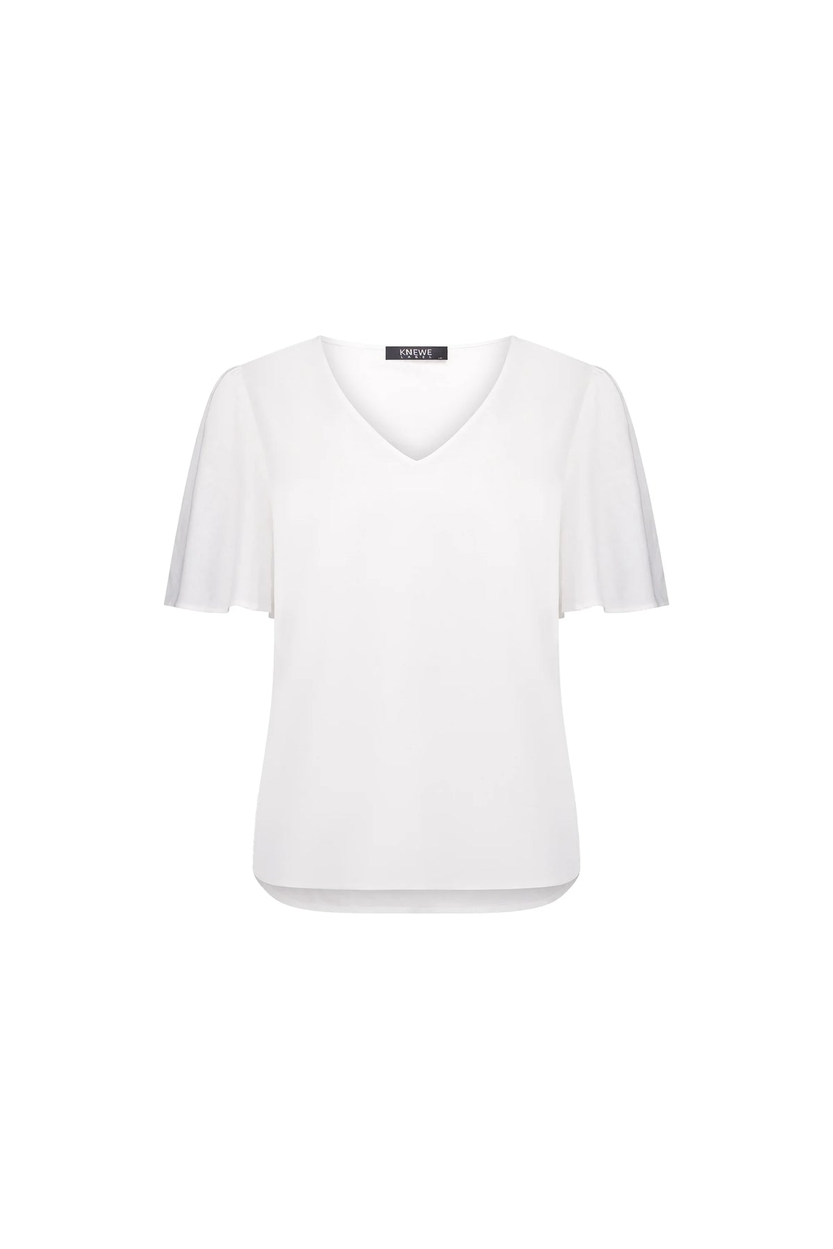 White short sleeve V-neck top with relaxed fit and flutter sleeves on plain background