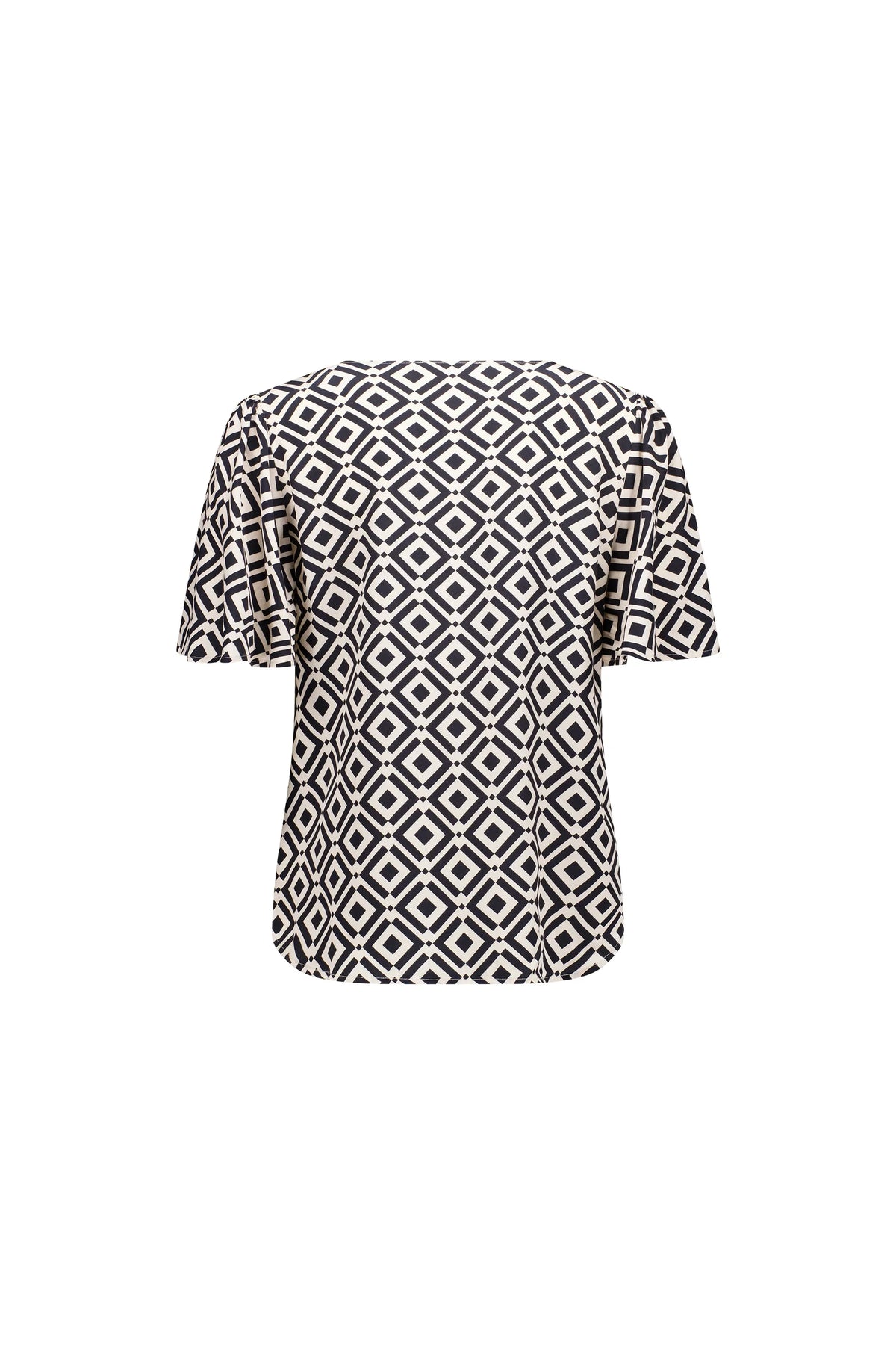 Back view of short sleeve geometric print blouse in black and white diamond pattern