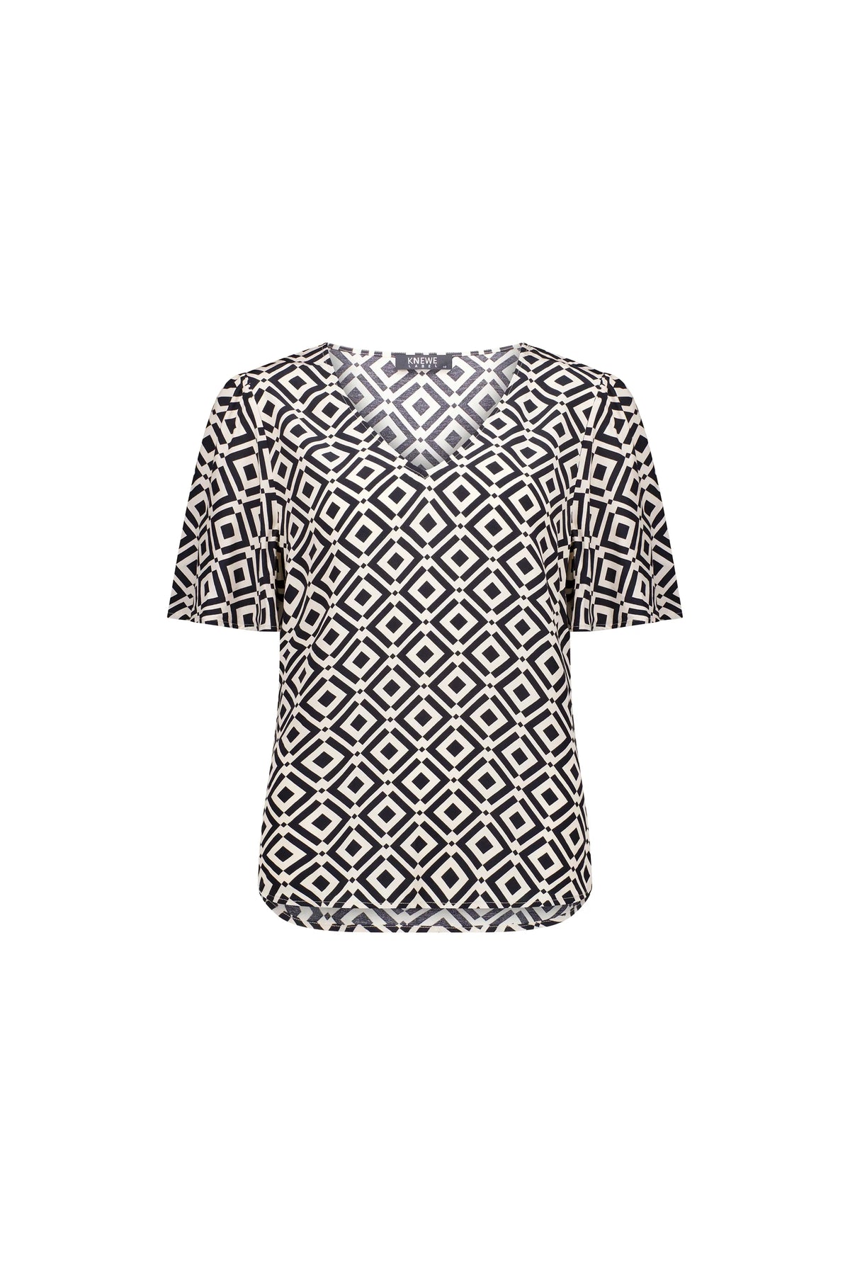 Short sleeve blouse with black and white geometric diamond pattern, V-neck, front view