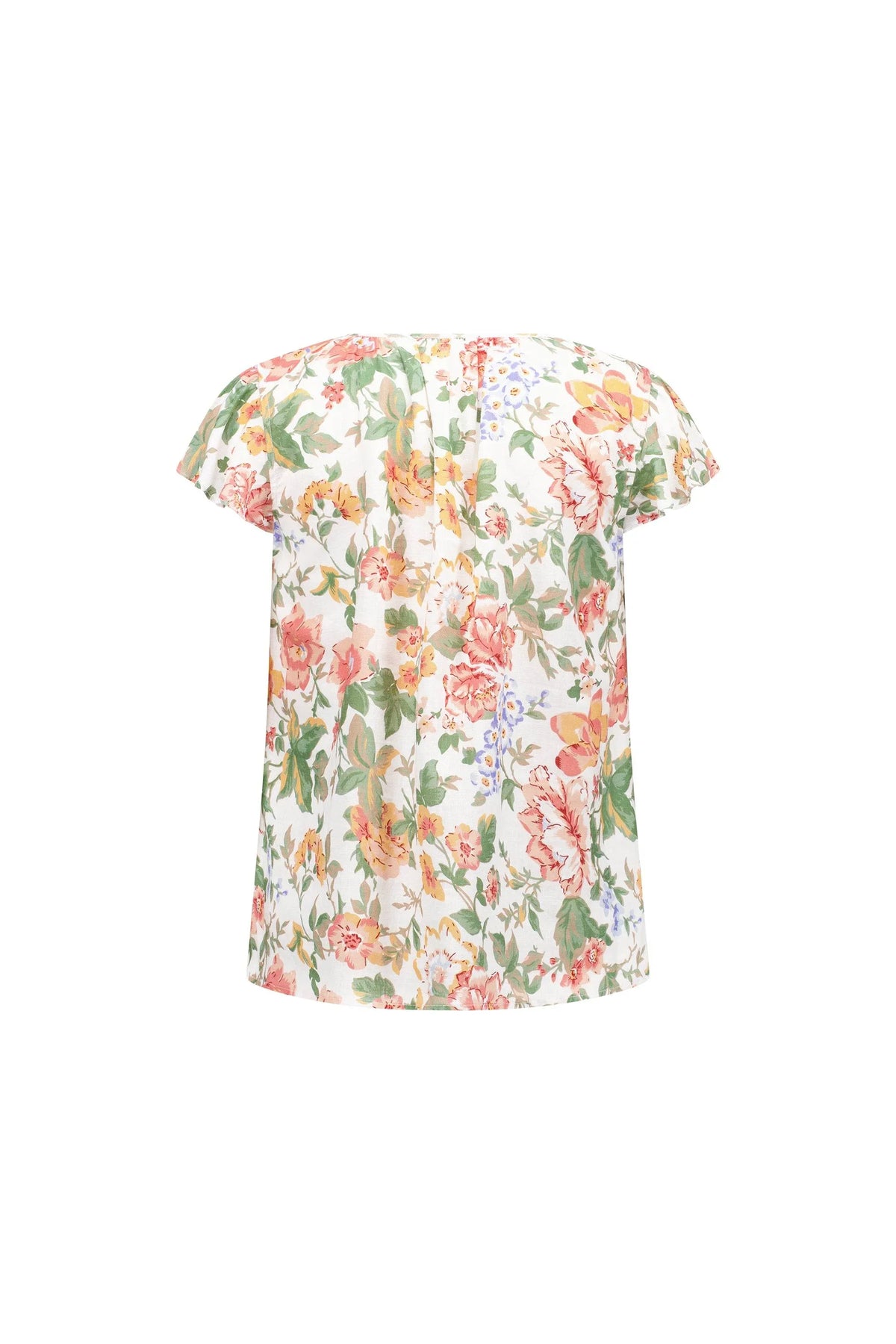 Back view of a short sleeve floral top with a loose fit and colorful flower print