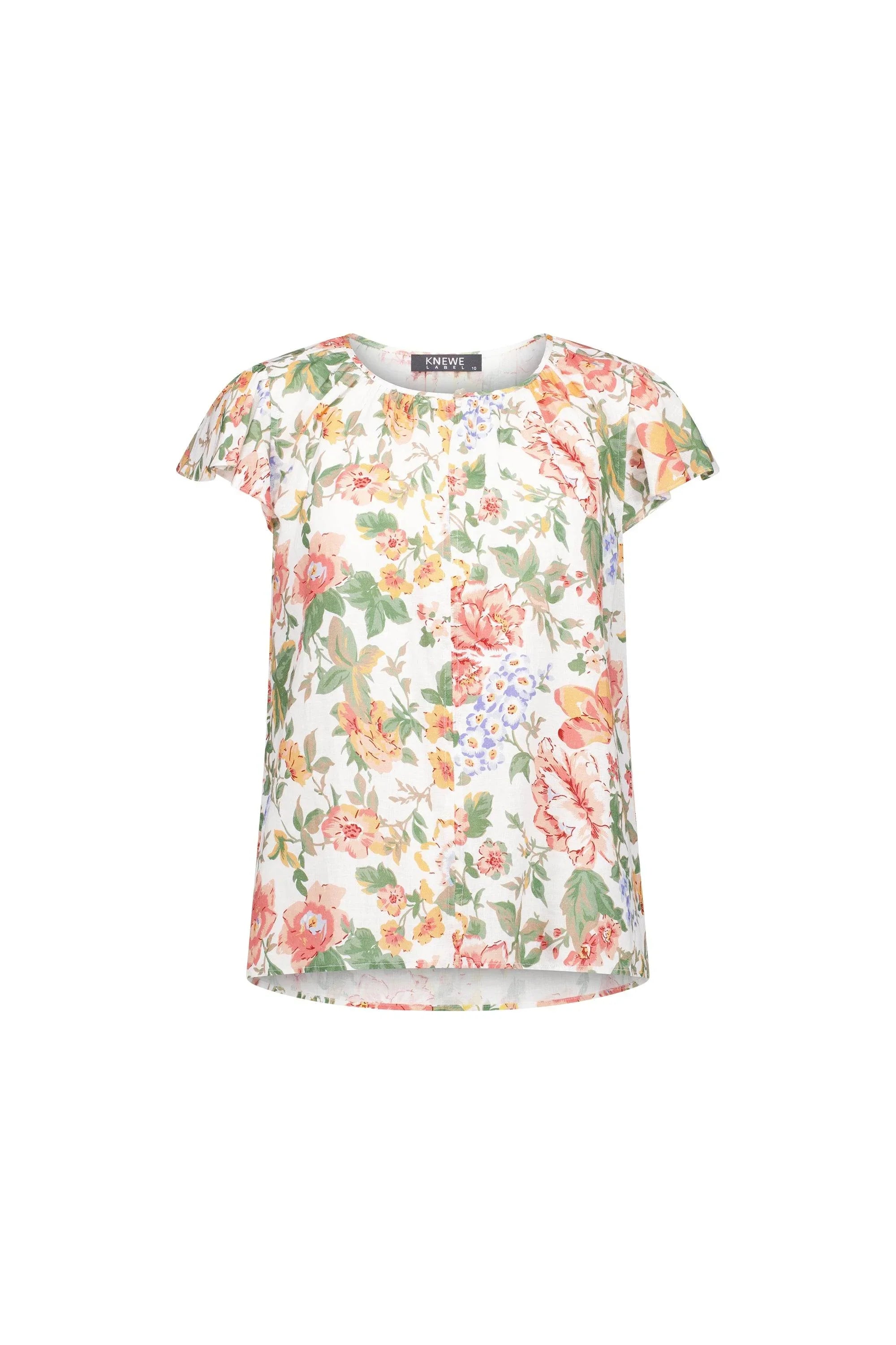 Short sleeve, floral print blouse with round neckline, lightweight and colorful design