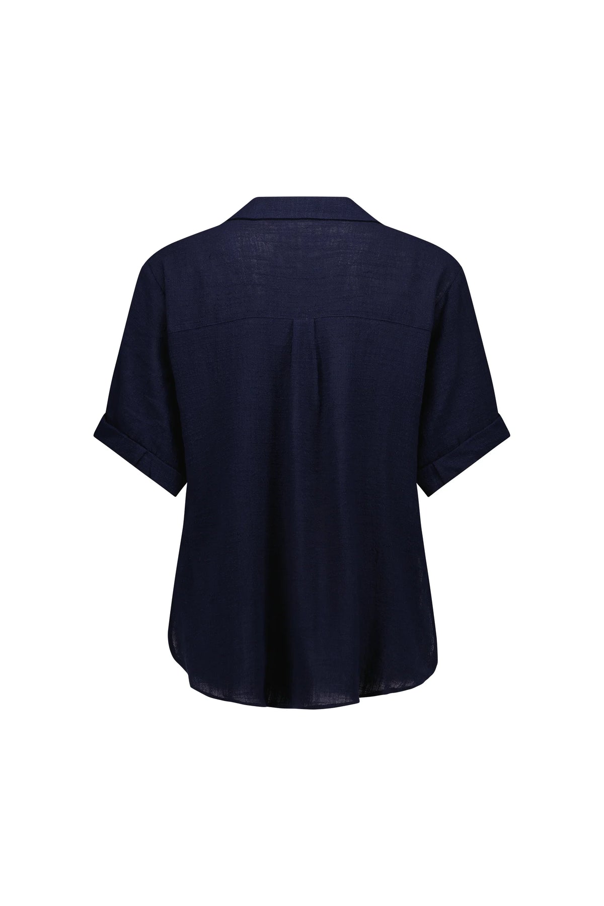 Back view of a navy short sleeve shirt with cuffed sleeves and relaxed fit