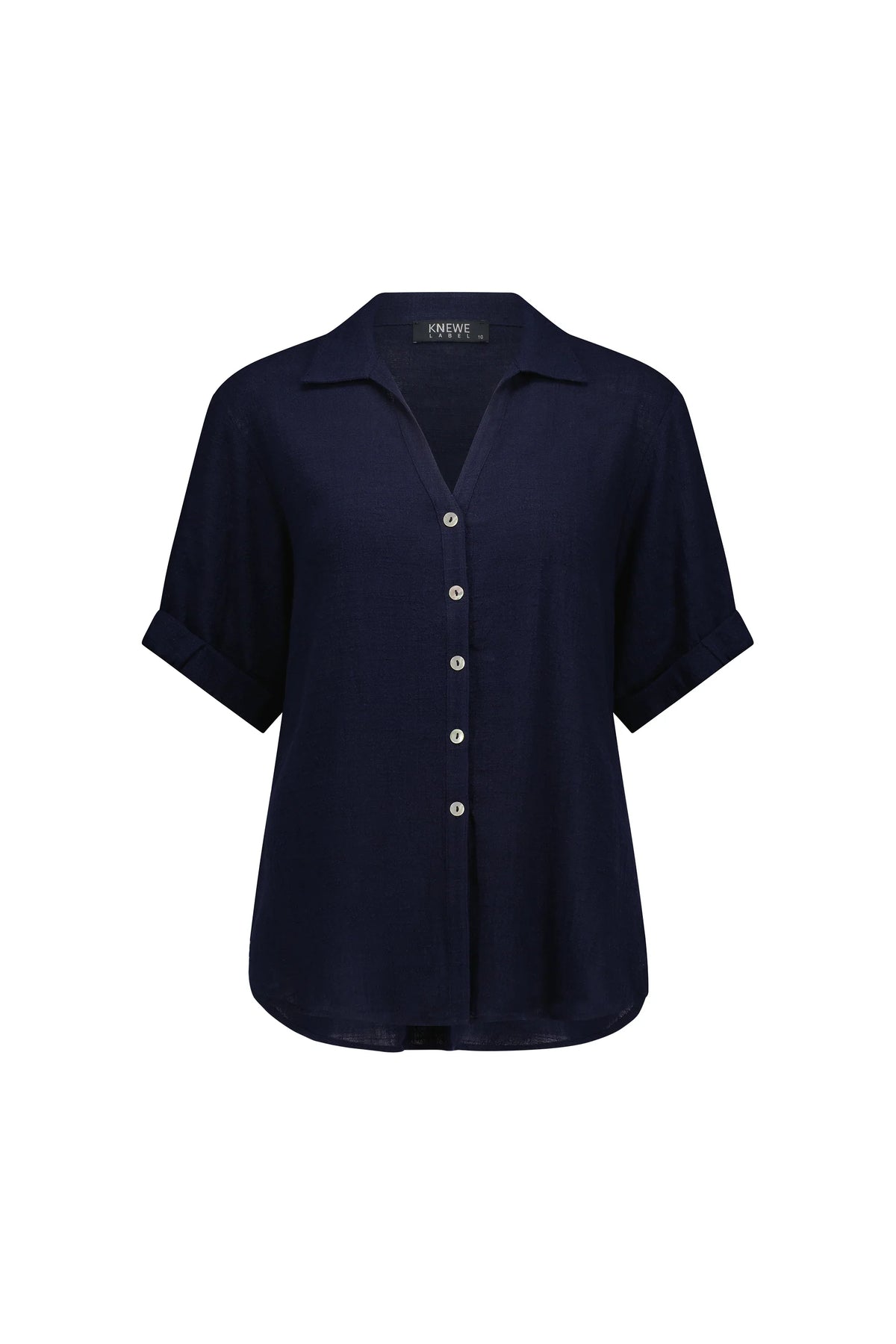 Navy short sleeve button-up shirt with collar and cuffed sleeves, front view