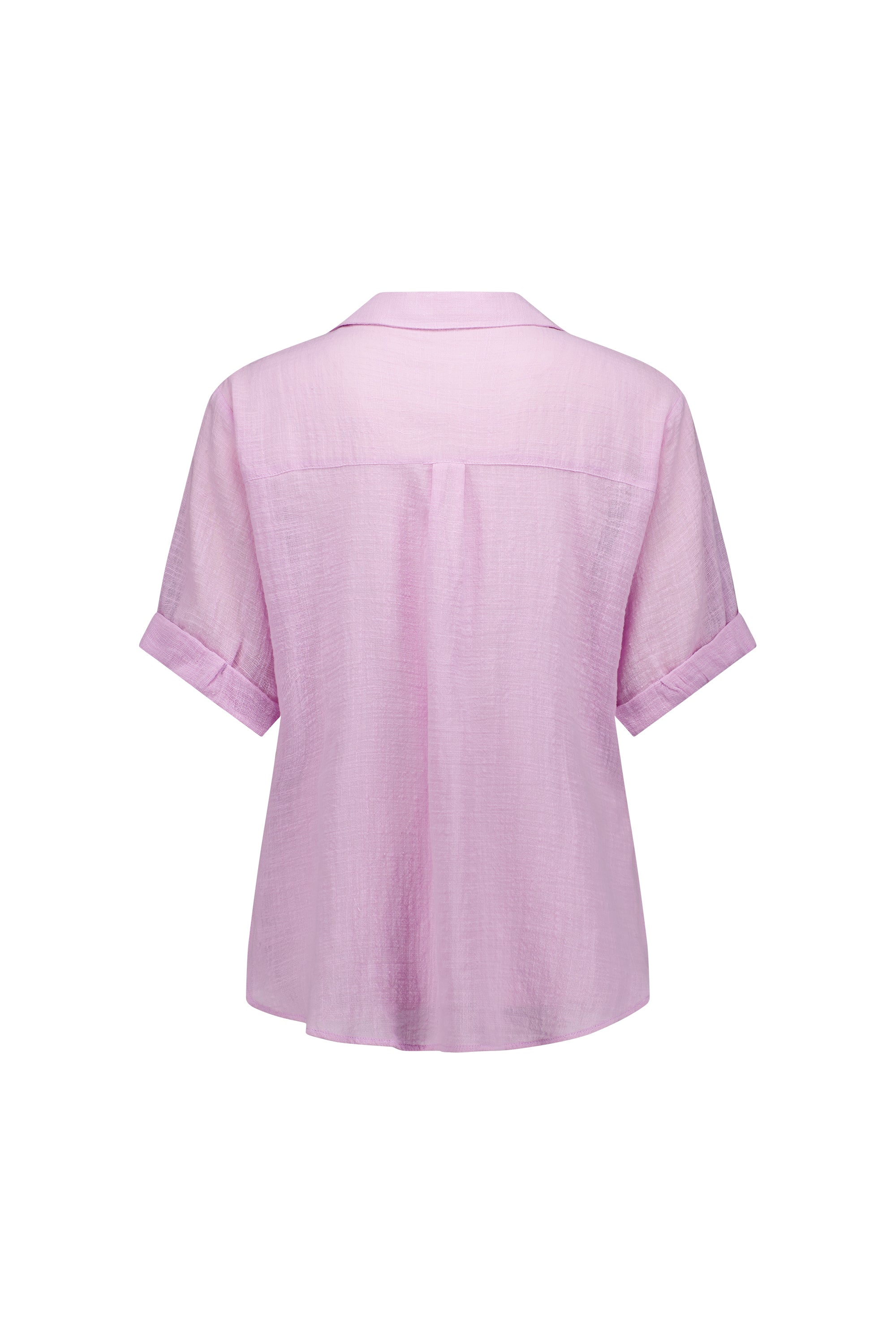Back view of the Knewe Label Infinity Shirt - Lilac, crafted from lightweight cotton with a relaxed fit, button-up front, classic collar, and folded sleeve cuffs for easy style.