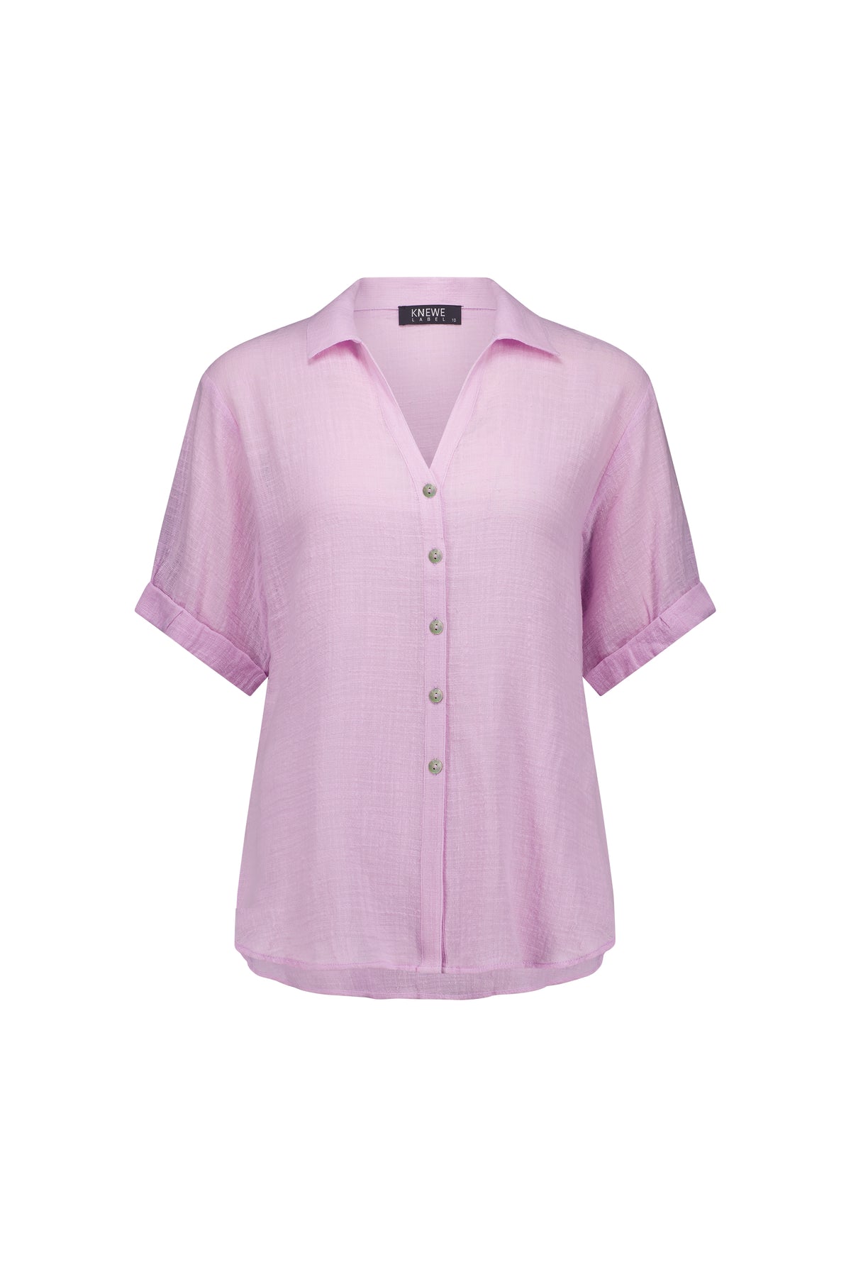 The Knewe Label Infinity Shirt - Lilac features a relaxed fit, folded cuffs, and lightweight textured cotton. This short-sleeve collared button-up blouse is shown on a plain white background.