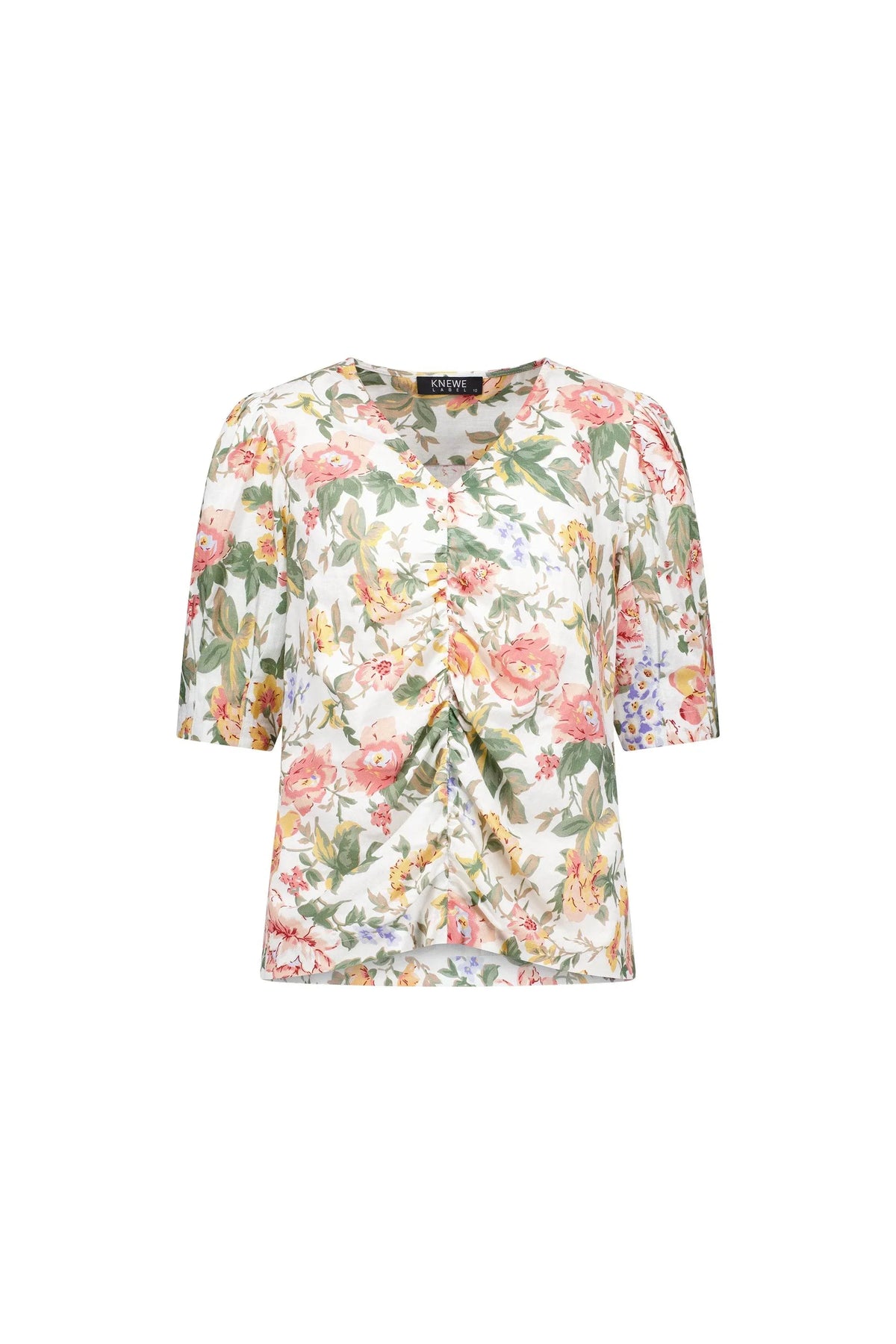 Floral V-neck ruched blouse with short sleeves and pastel flower print