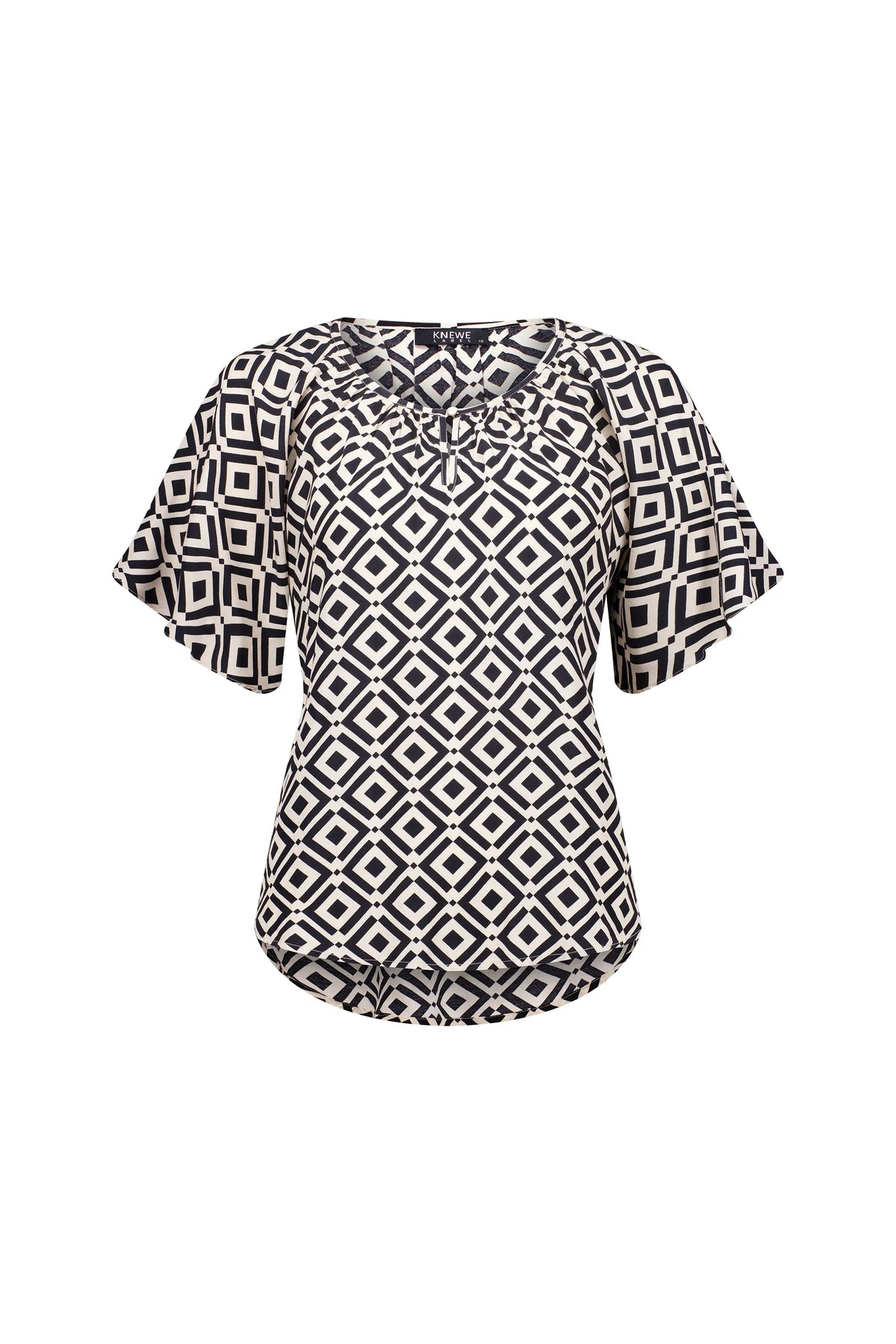 Geometric print short sleeve top with diamond pattern, scoop neck, black and cream color