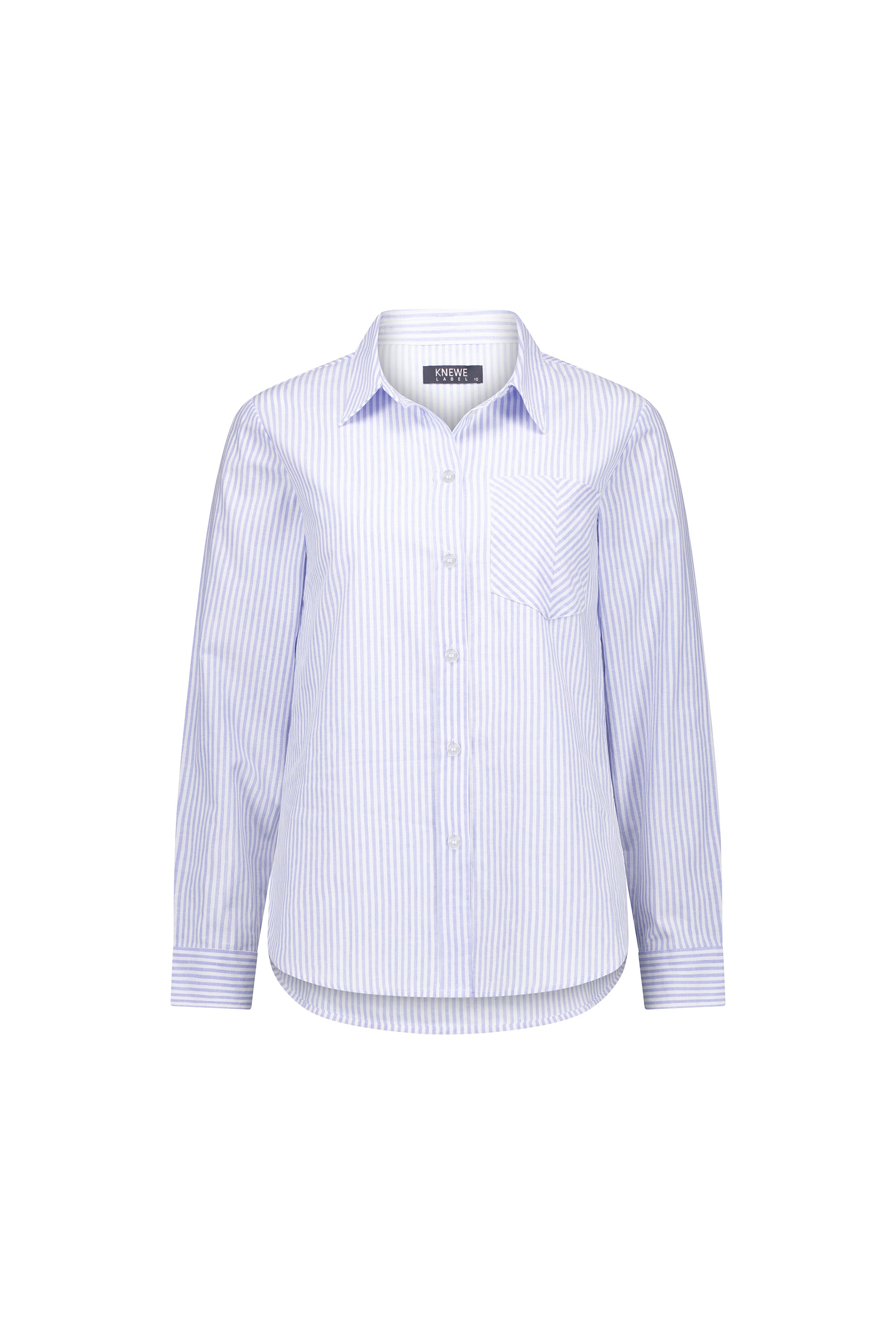 The Knewe Label Tide Shirt - Blue Stripe is a lightweight cotton, long-sleeved button-down with a pointed collar and chest pocket, shown against a white background.