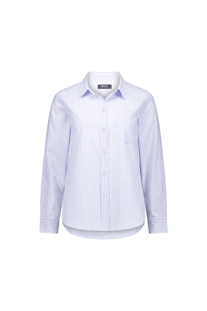 The Knewe Label Tide Shirt - Blue Stripe is a lightweight cotton, long-sleeved button-down with a pointed collar and chest pocket, shown against a white background.