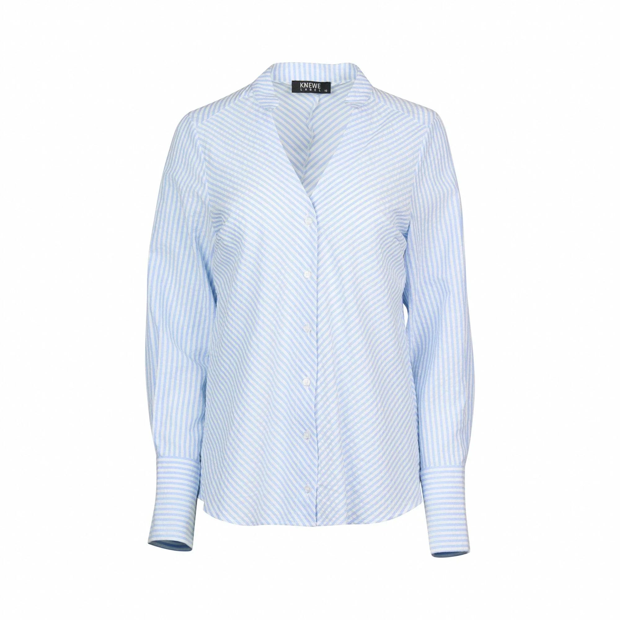 Blue and white striped button-up shirt with long sleeves and classic collar on white background