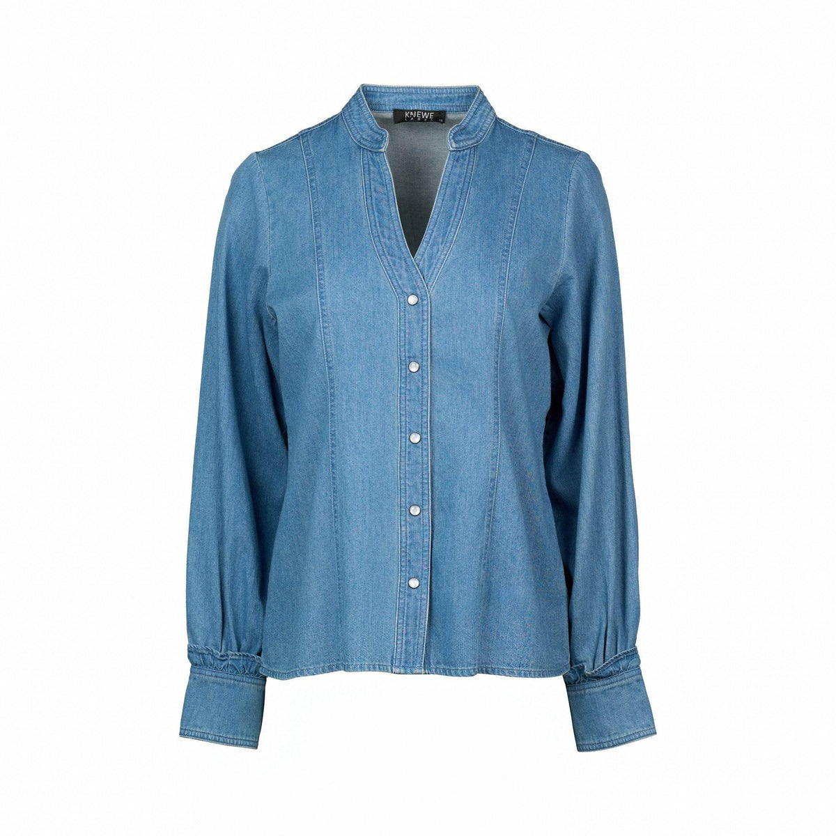 Women's blue denim shirt with long sleeves, button front, and band collar