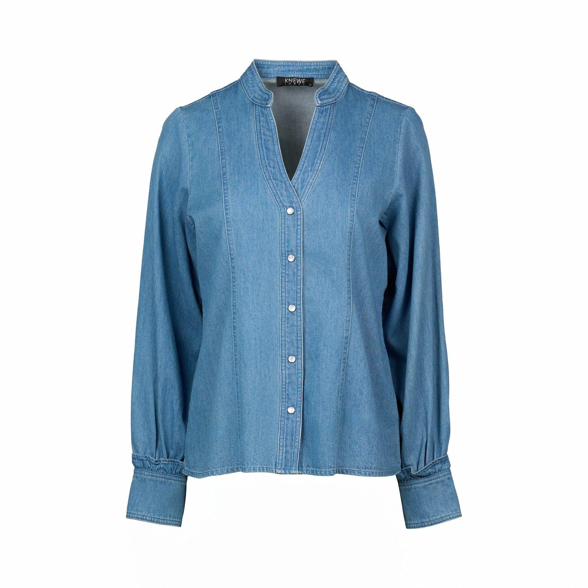 KNEWE Label women's K5092 Joan Shirt Blue in Wash - close-up fabric detail