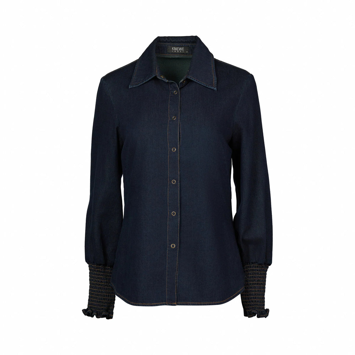 Women's dark denim button-up shirt with long sleeves and smocked cuffs on white background