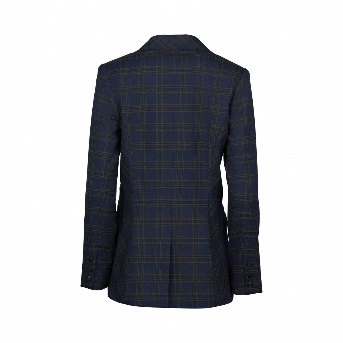 Back view of navy plaid women's blazer with buttoned cuffs on white background