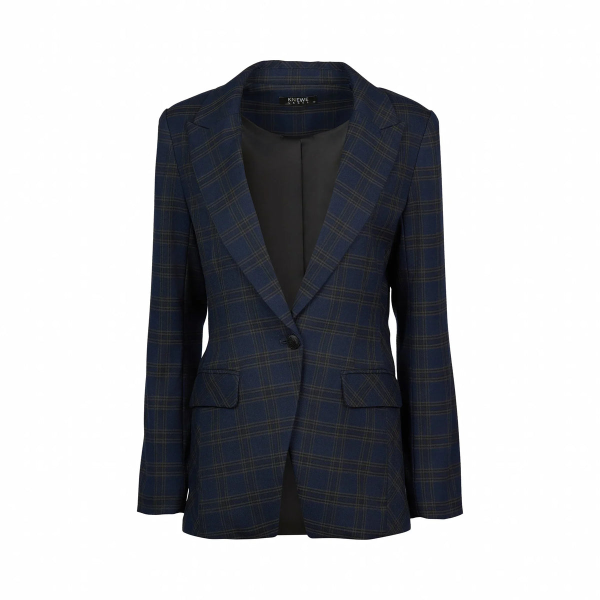Women's navy checkered blazer with single button and front pockets on white background