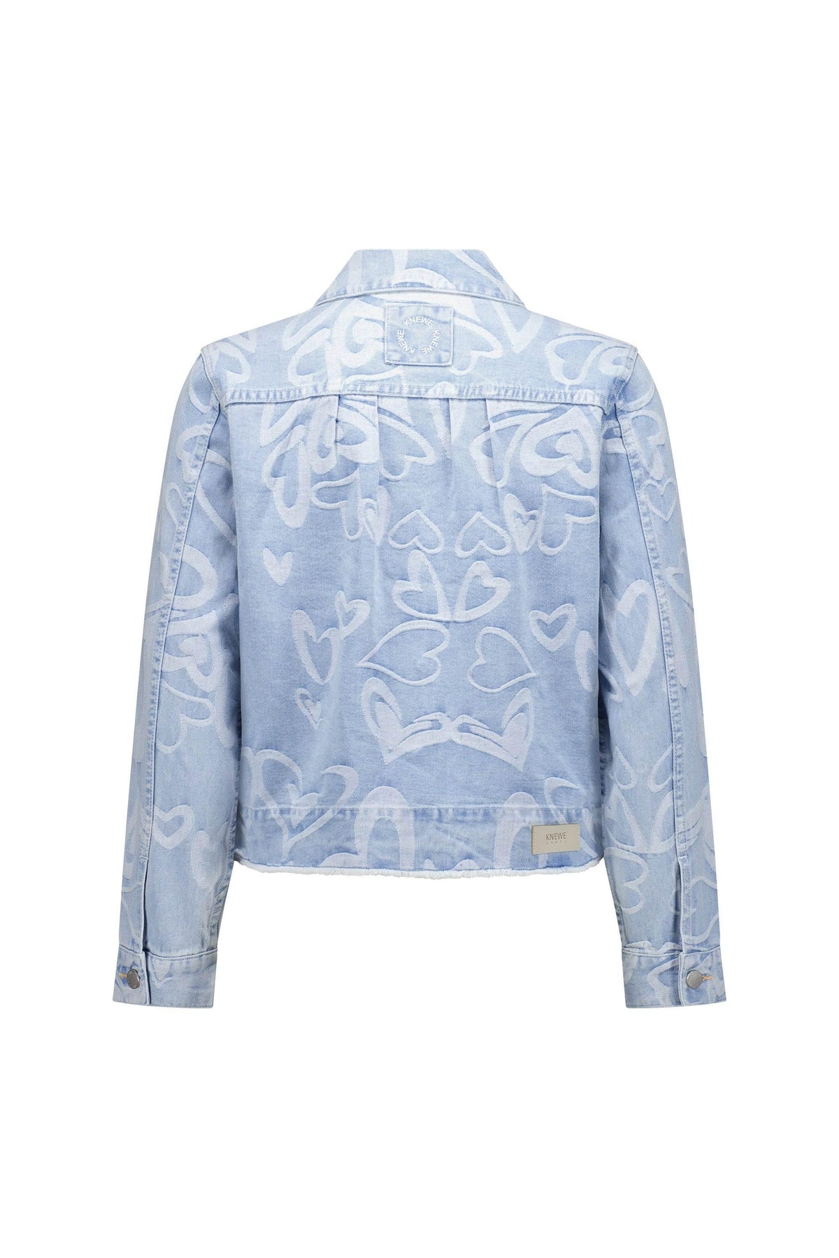 Light blue denim jacket with white heart pattern, back view, long sleeves, casual style
