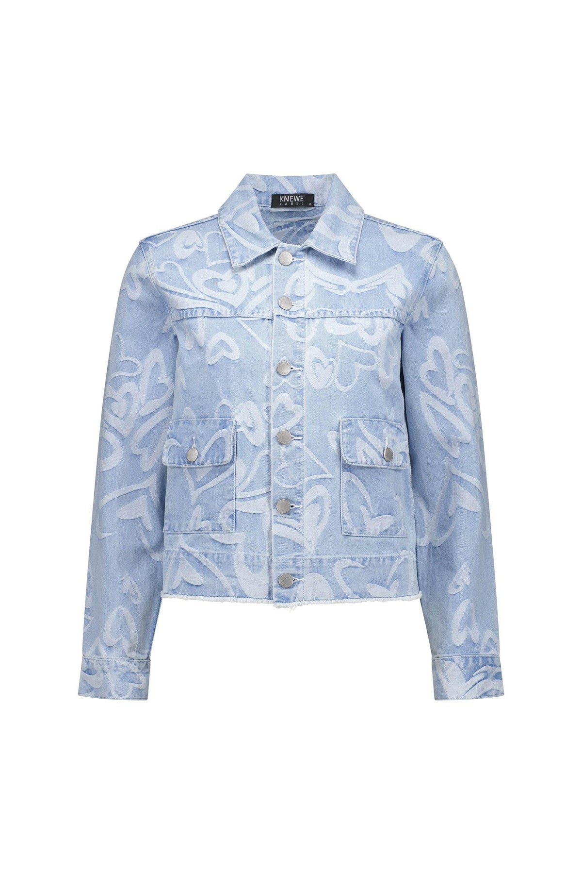 Light blue denim jacket with white heart patterns and front button closure