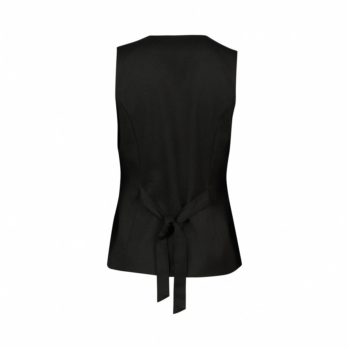 Black women's vest back view with waist tie, sleeveless tailored design