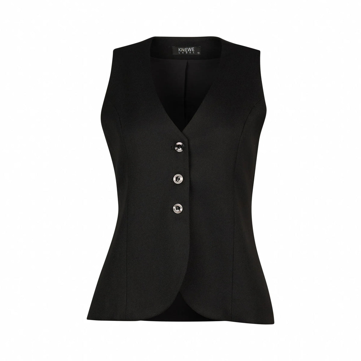 Sleeveless black tailored vest with V-neck and three button front detail