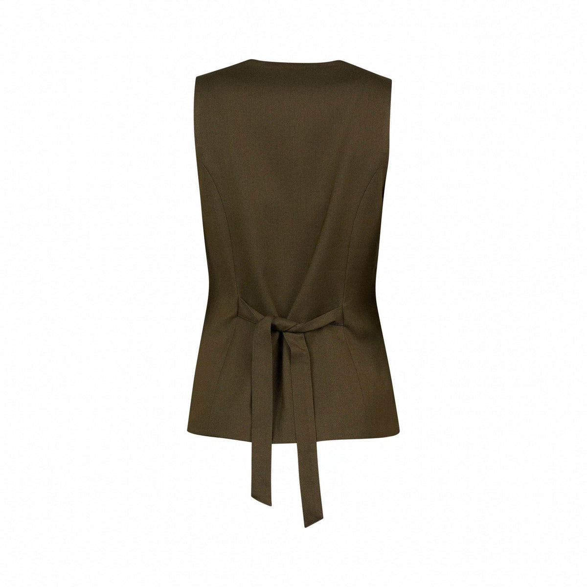 Back view of a sleeveless olive green vest with waist tie detailing, women's fashion top