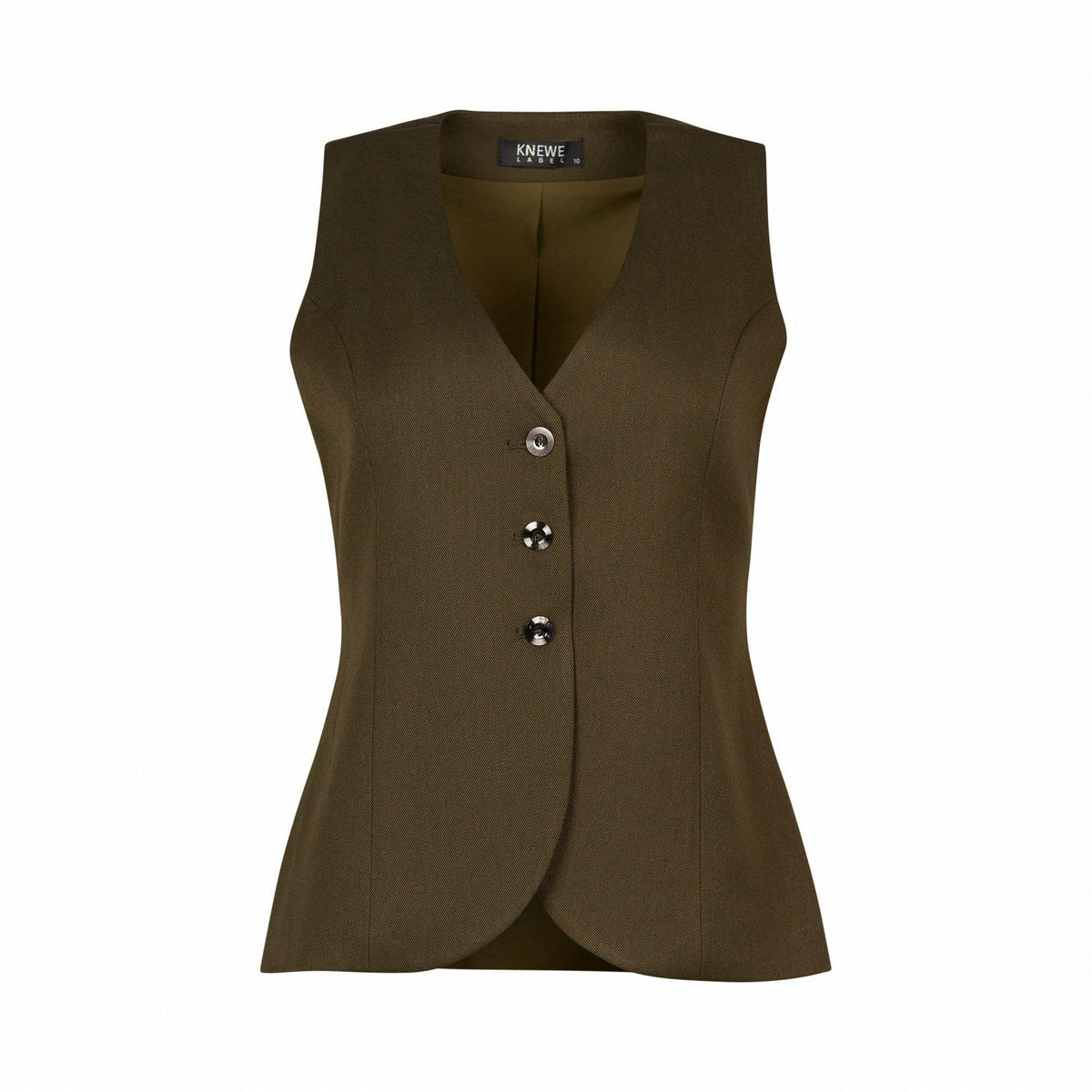 Women's olive green tailored vest with three buttons and V-neck on white background