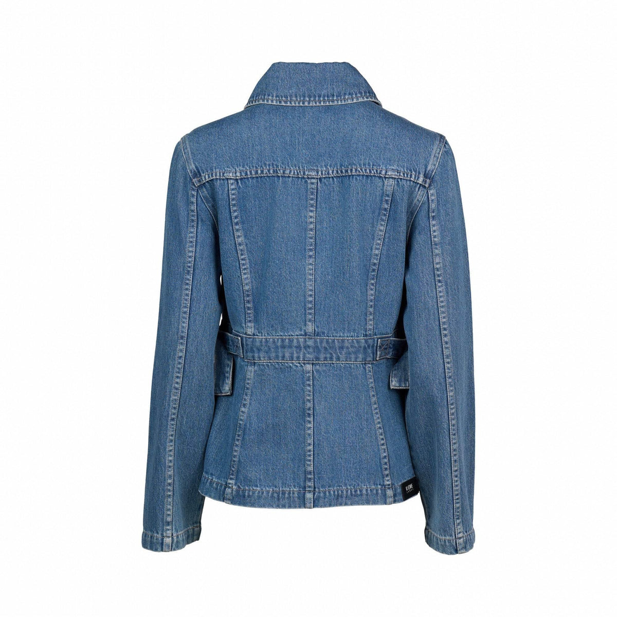 Back view of a blue denim jacket with belted waist and structured seams.