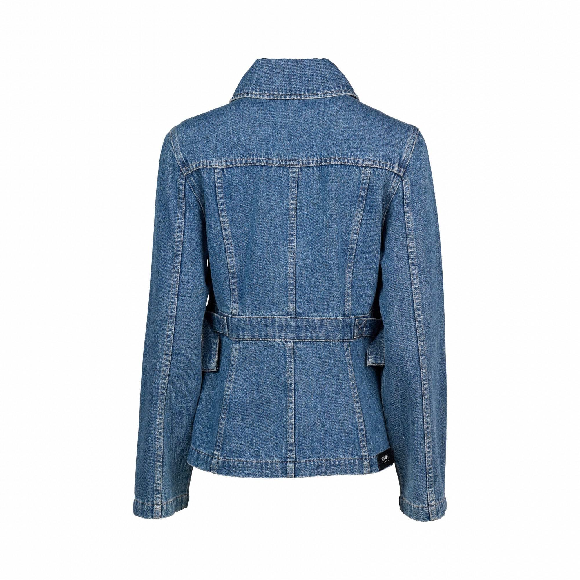 Back view of a blue denim jacket with belted waist and structured seams.
