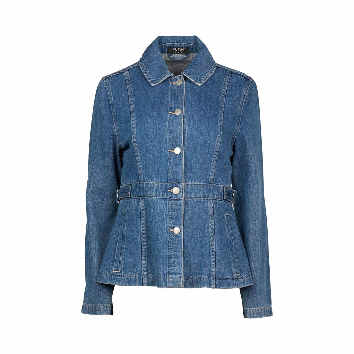 Women's blue denim jacket with button front, long sleeves, and fitted waist design